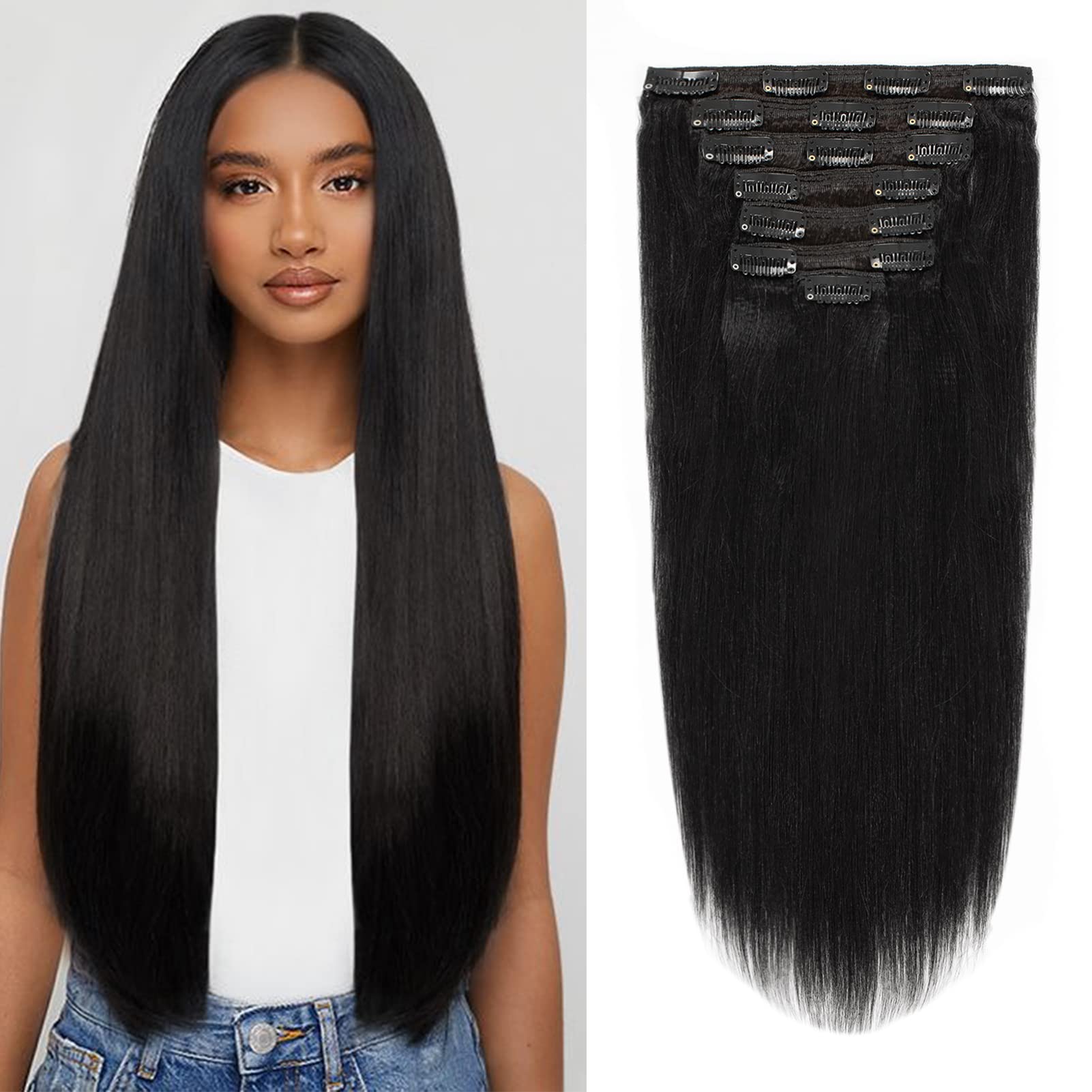 Remy Human Hair Clip In Hair Extensions Yaki Straight Full Head 8A Grade Natural Hair Clip Ins Remy Jet Black African Americans 