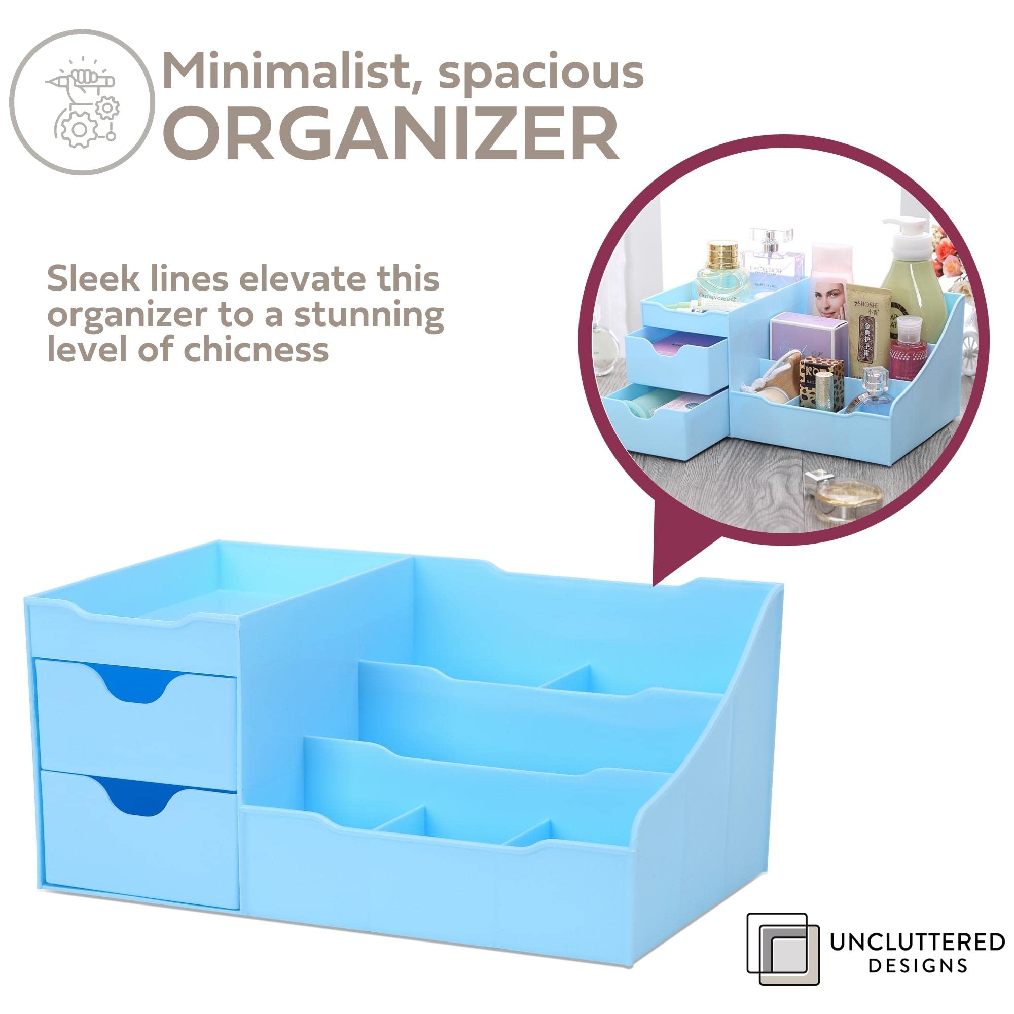 Uncluttered Designs Makeup Organizer With Drawers - Modern Countertop Storage For Cosmetics - Chic Vanity Holder For Cologne, Sk