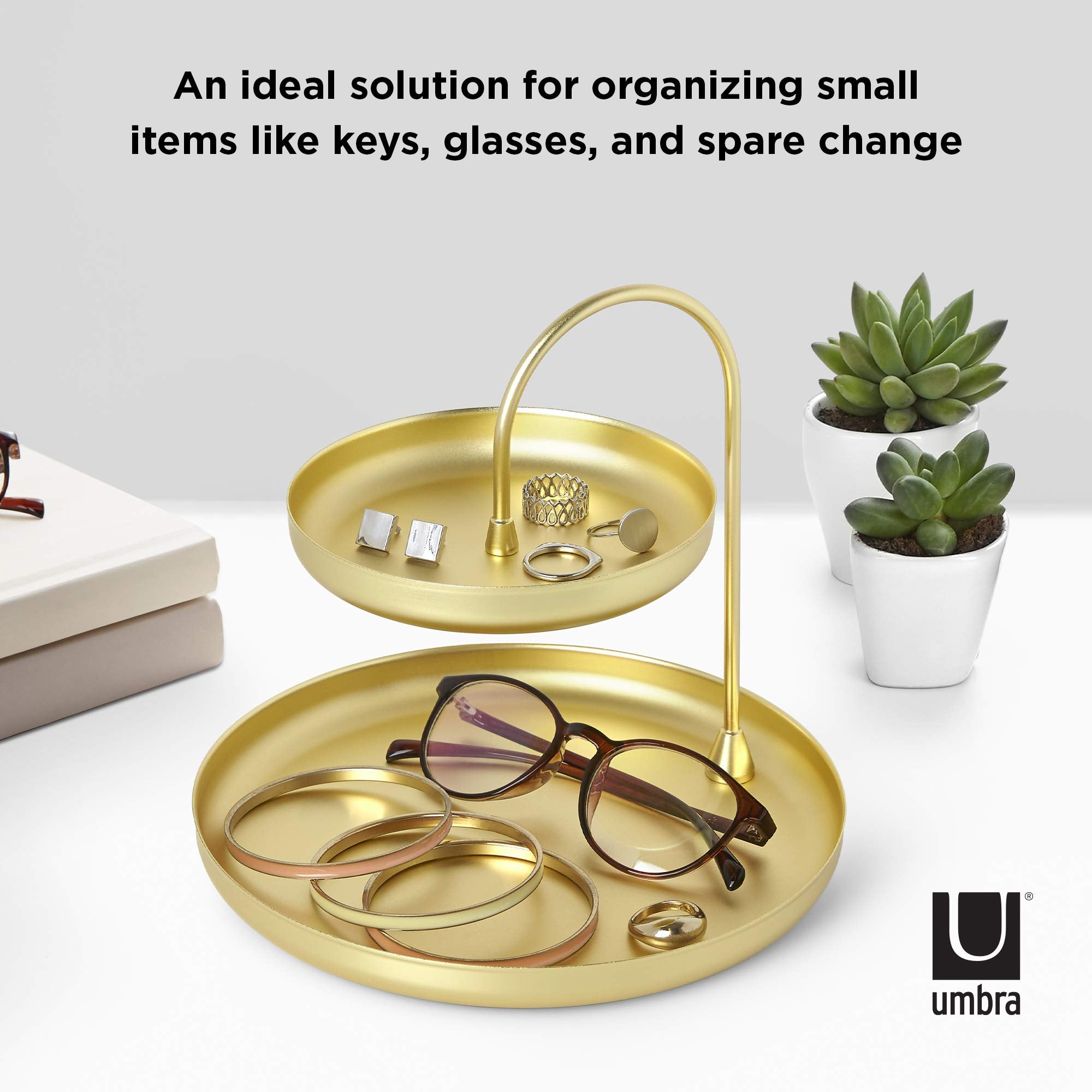 Umbra Poise Large, Double Jewelry Tray, Attractive Jewelry Storage You Can Leave Out, Two-Tiered, Matte Brass Finish