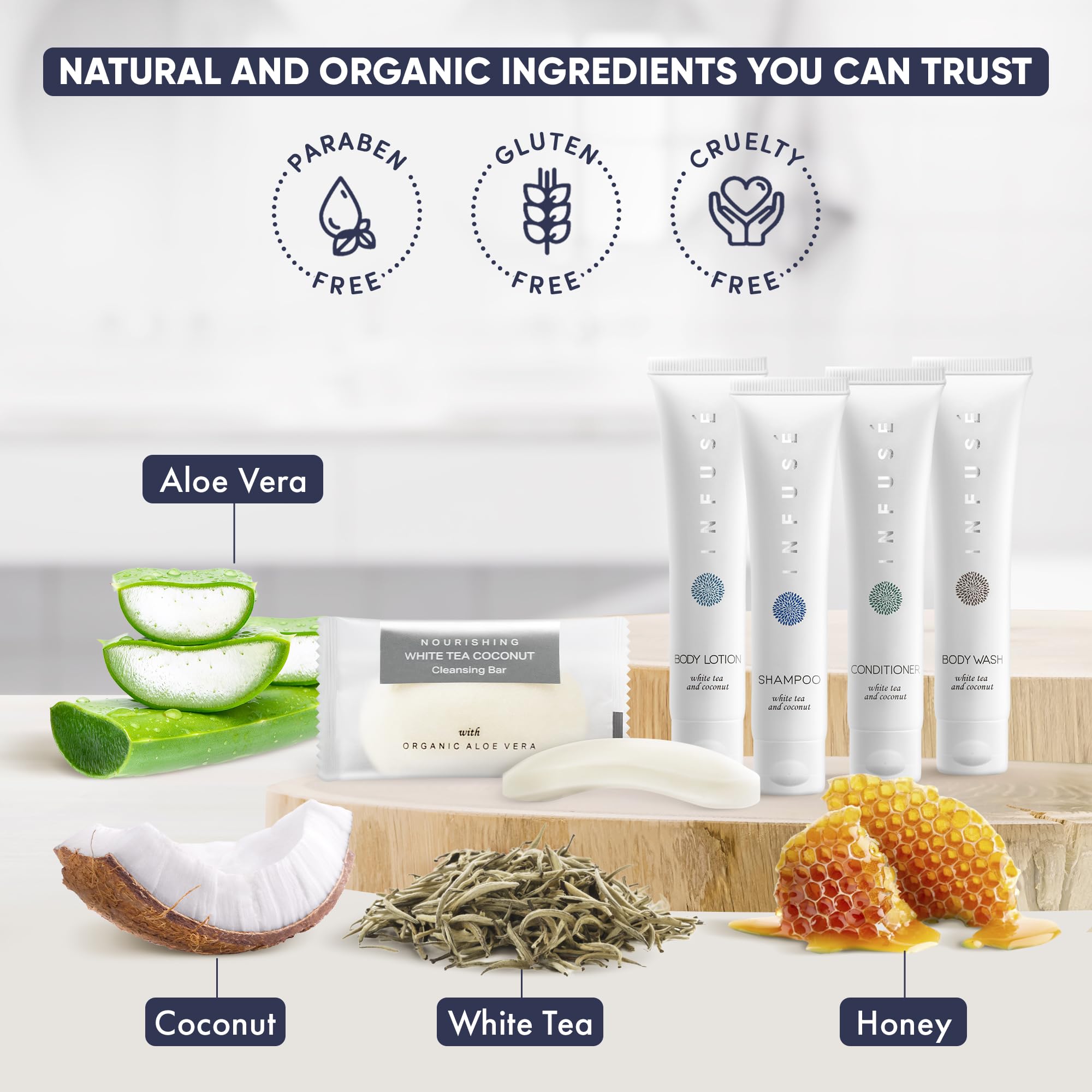 Infuse Pure White Tea And Coconut All-In-Kit Hotel Soaps And Toiletries Bulk Set | 1Oz Shampoo & Conditioner, Body Wash, Lotion