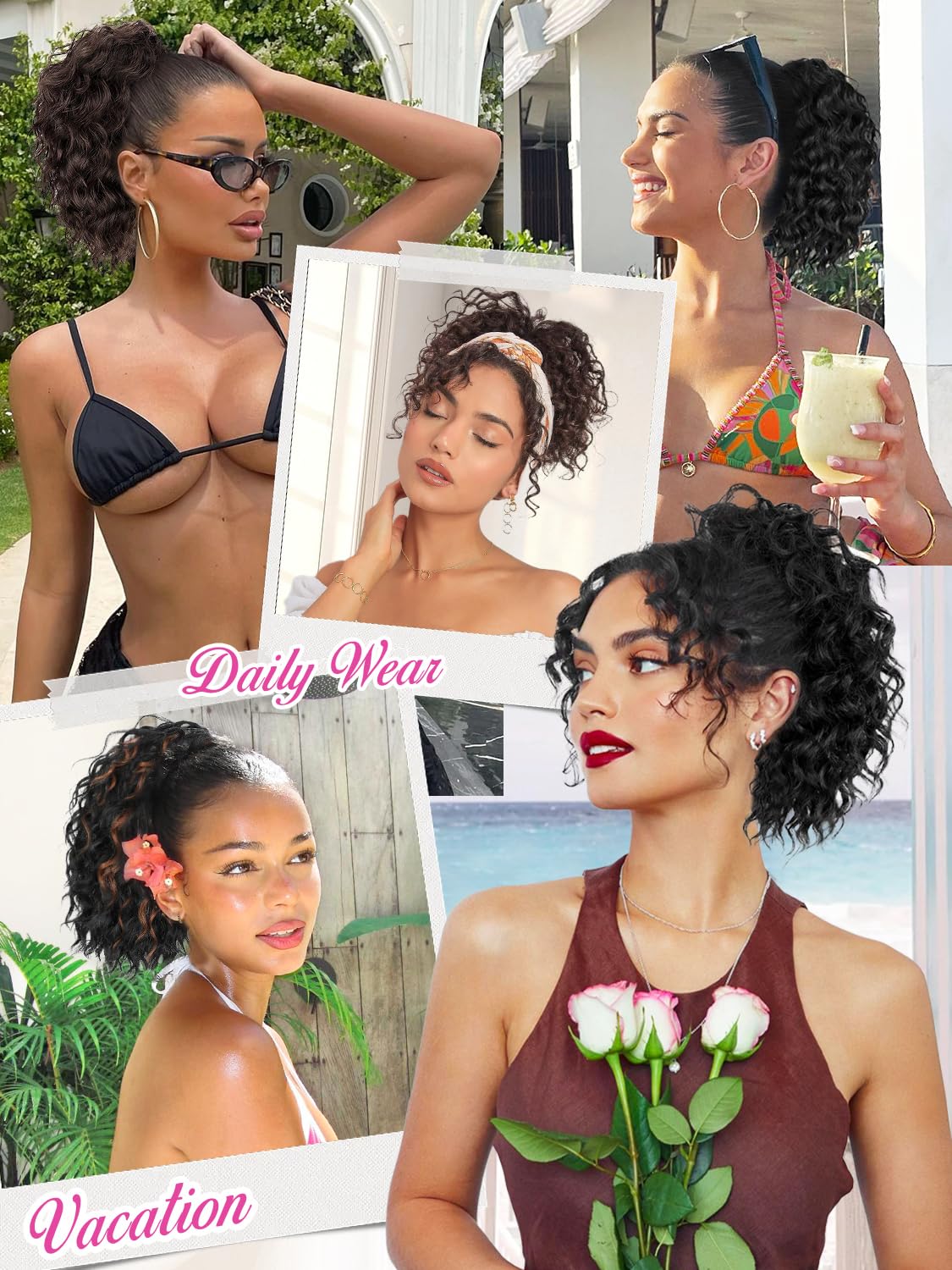 Alxnan Wavy Curly Ponytail Extension, 8'' Black With Highlights Drawstring Ponytail For Black Women Short Soft Natural Synthetic