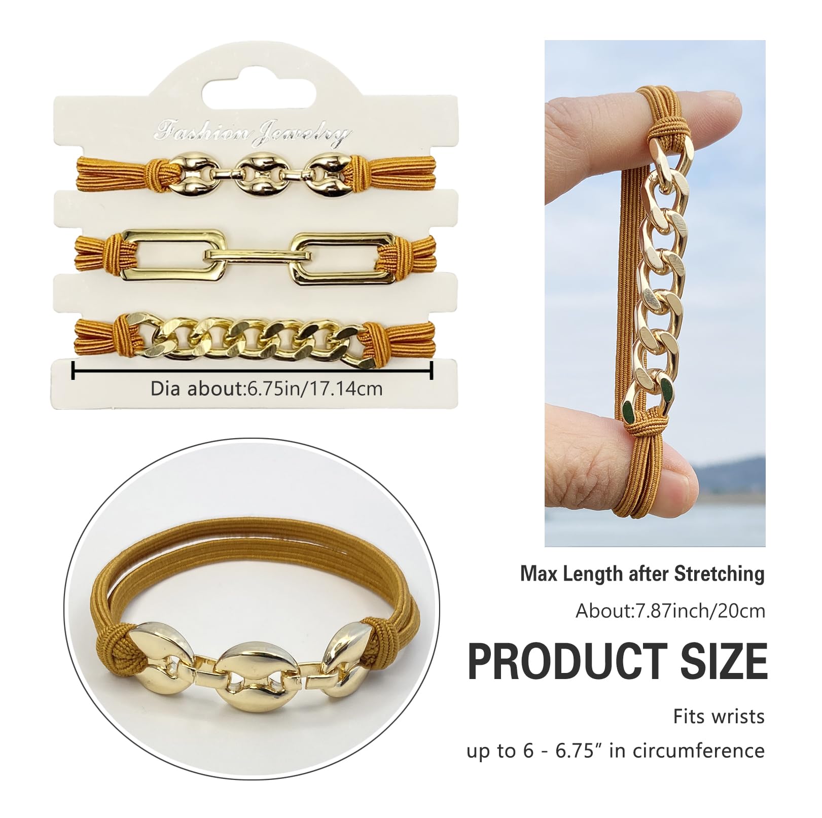 Bracelet Hair Ties Decorative Gold, Pretty High Ponytail Holder Cute Elastic Ponytail Jewelry Luxury Scrunchies Caramel