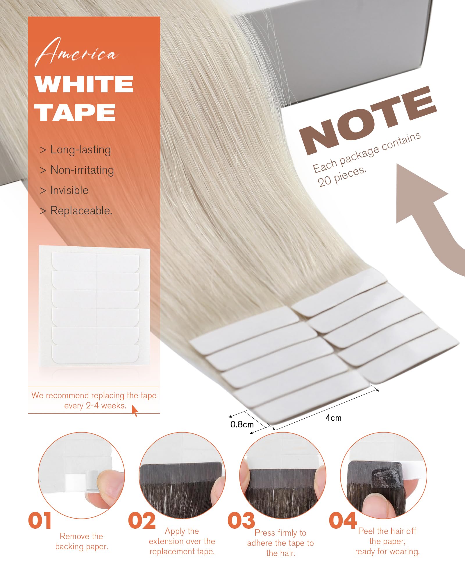 Sunny Hair Tape in Hair Extensions Real Human Hair Invisible Remy Hair Extensions Tape ins for Women White Platinum Blonde 20 in
