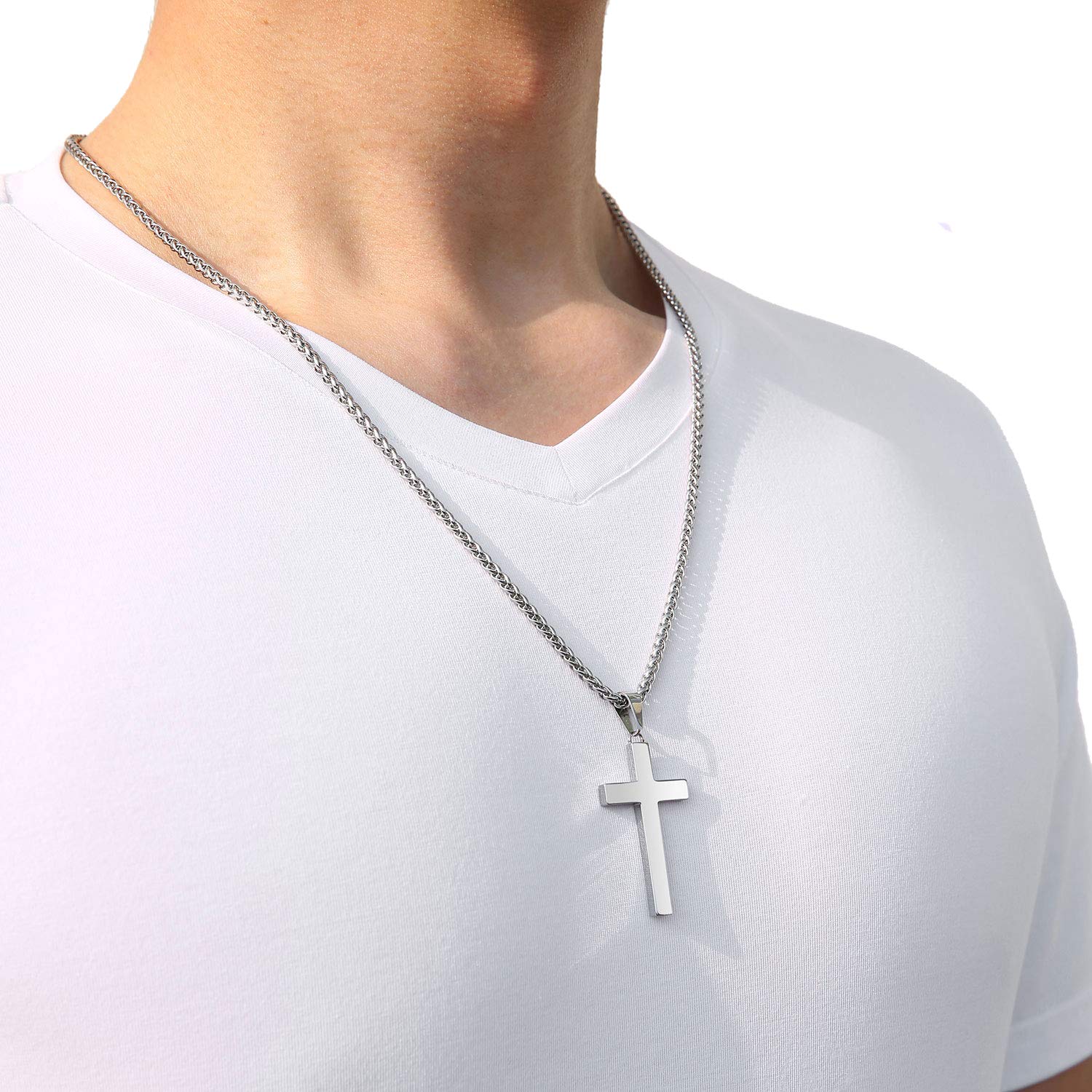 P. BLAKE Silver Cross Necklace for Men, Stainless Steel Cross Pendant Chain Christian Religious Jewelry Valentine Christmas Gift