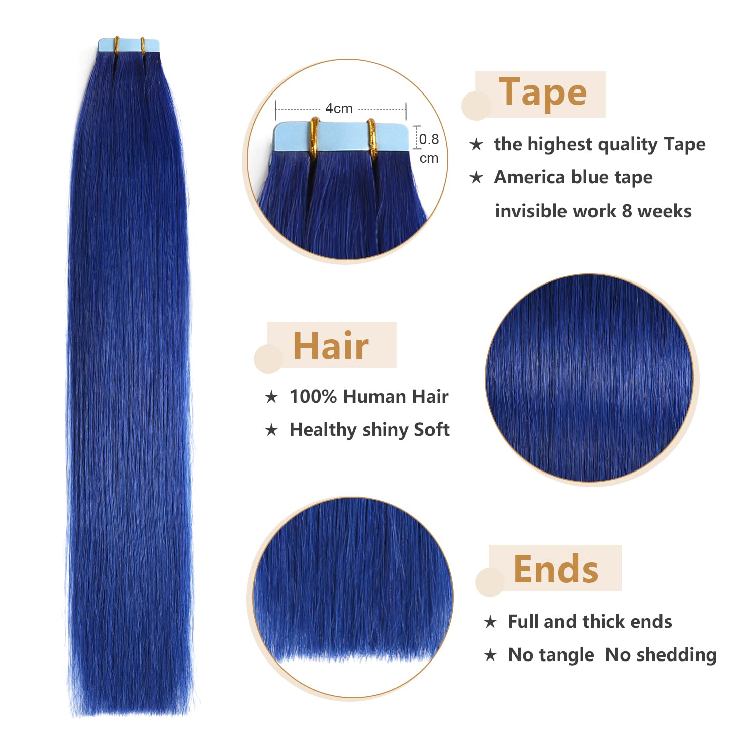 Yilite 20Pieces/Pack Blue Tape In Hair Extensions Human Hair 14Inch 40G Blue Tape In Human Hair Extensions,Seamless Skin Weft Ta