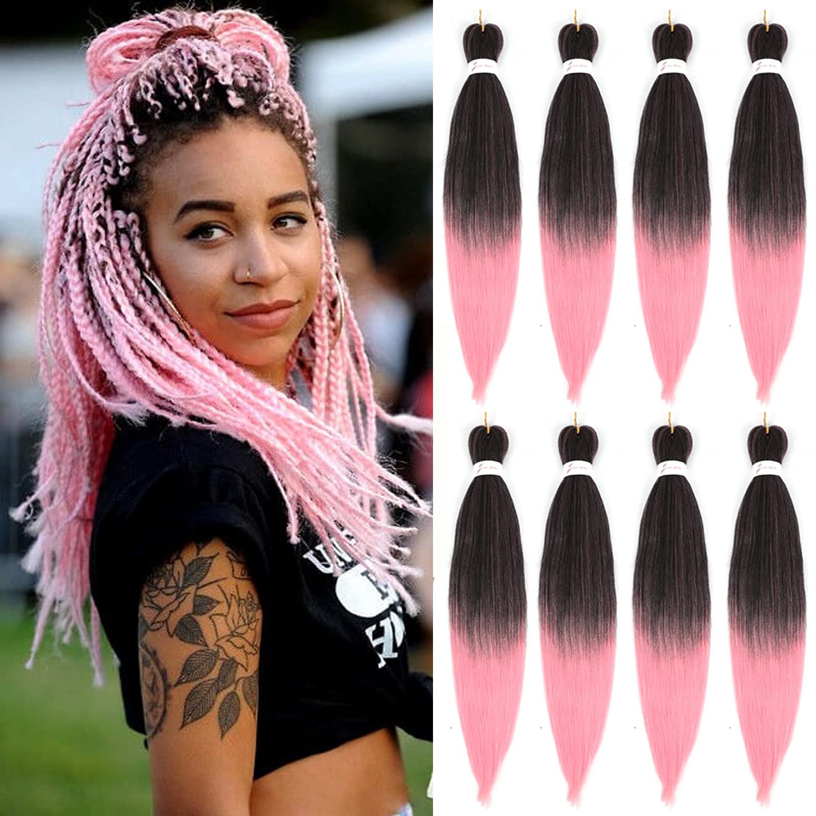 Braiding Hair, 20 Inch 8 Packs Pre-Stretched Braiding Hair, Pink Prestretched Braid Hair, Soft Colourful Synthetic Hair For Huma