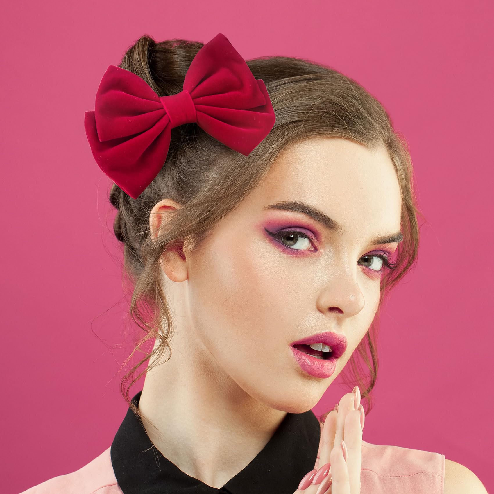Pagow 2Pcs Velvet Scrunchies Hair Elastic, Large Bowknot Velvet Hair Ties, Black Red Hair Satin Bow Ties Hair Ponytail Holders A