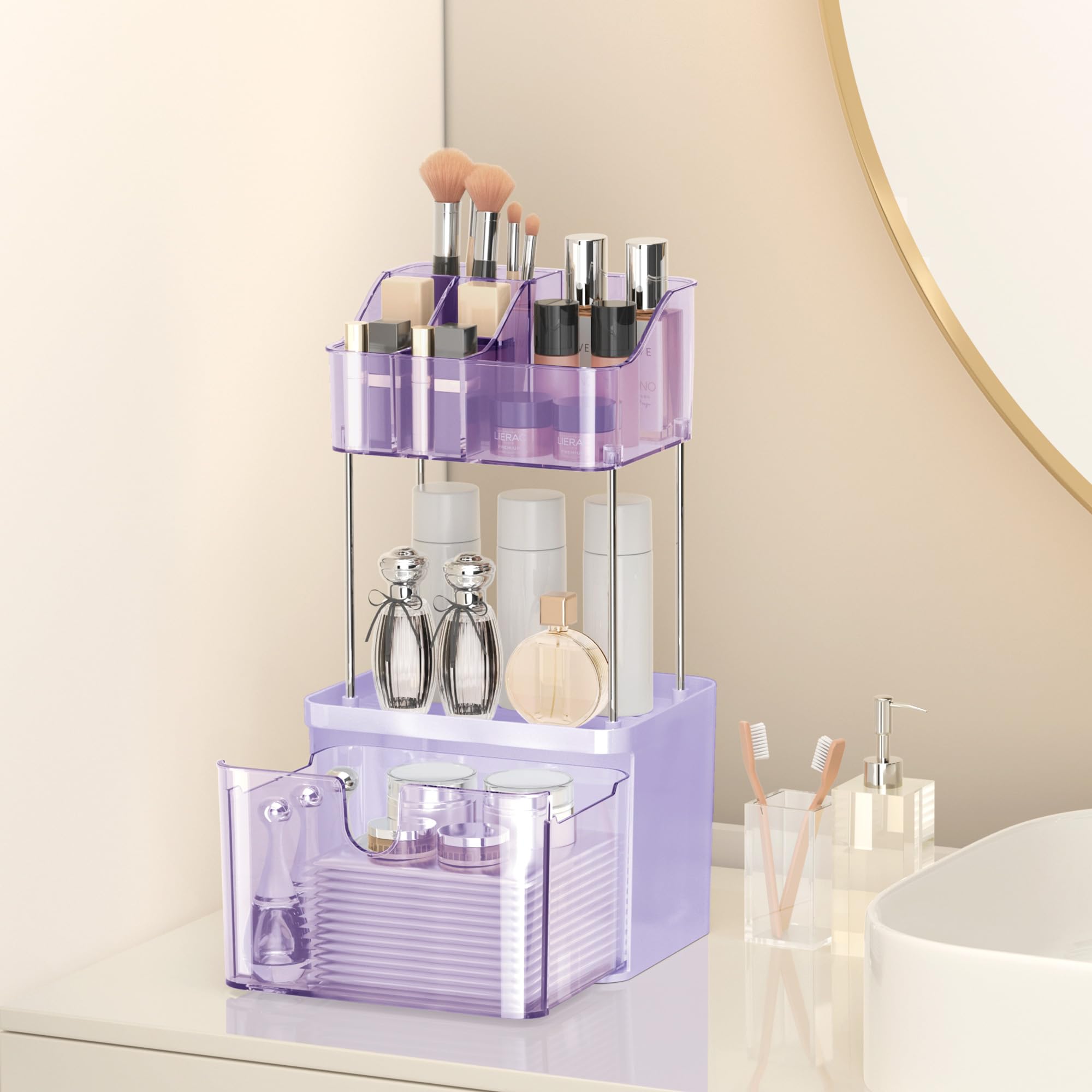 Doadw Makeup Organizer With Drawer - 3 Tier Bathroom Organizer Countertop - Multi-Purpose Skin Care Organizer For Vanity, Small