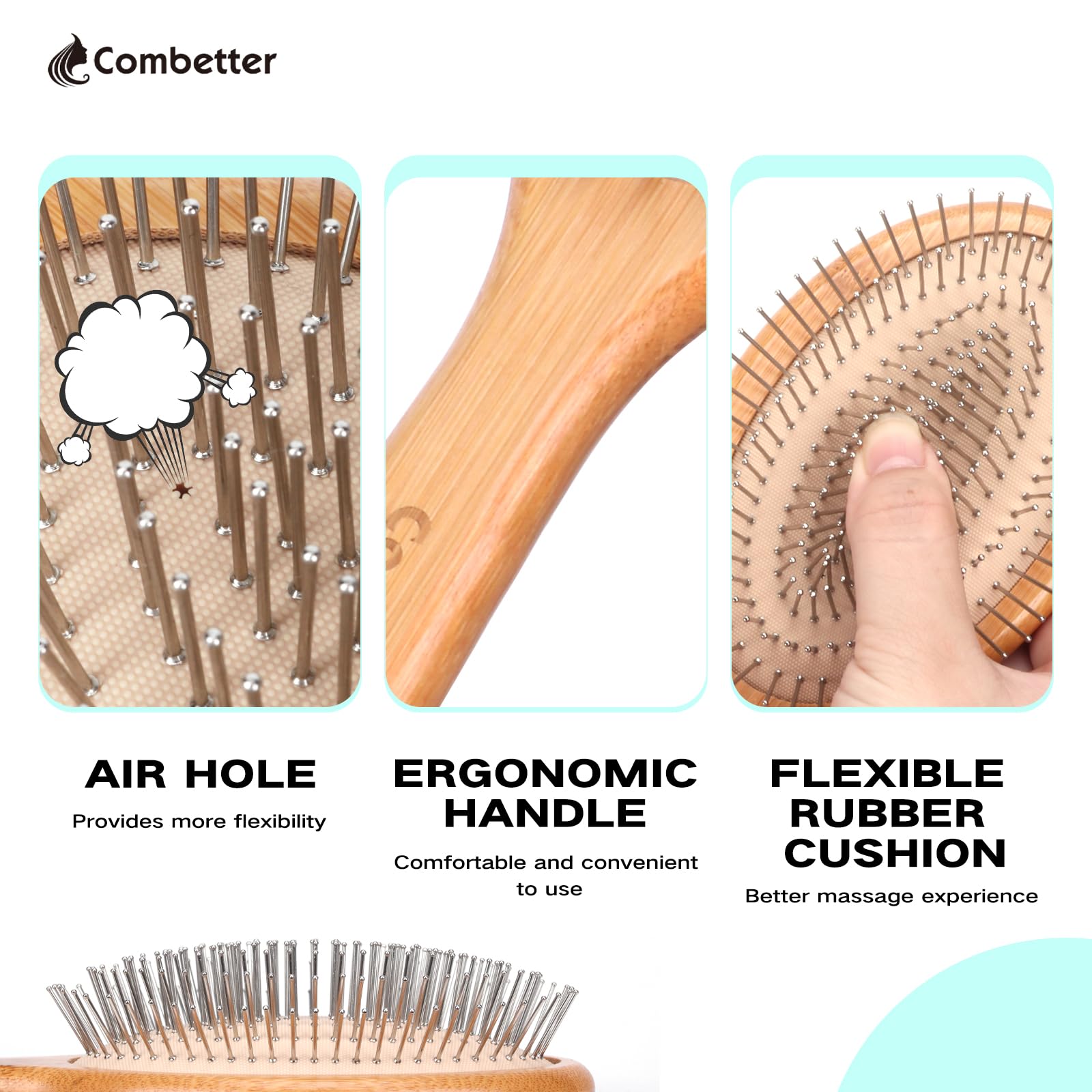 Bamboo Hair Brush Combetter, Smoothing Hair&Massage, Detangling Anti-Static Hairbrush, Natural Wood Comb With Metal Bristles For