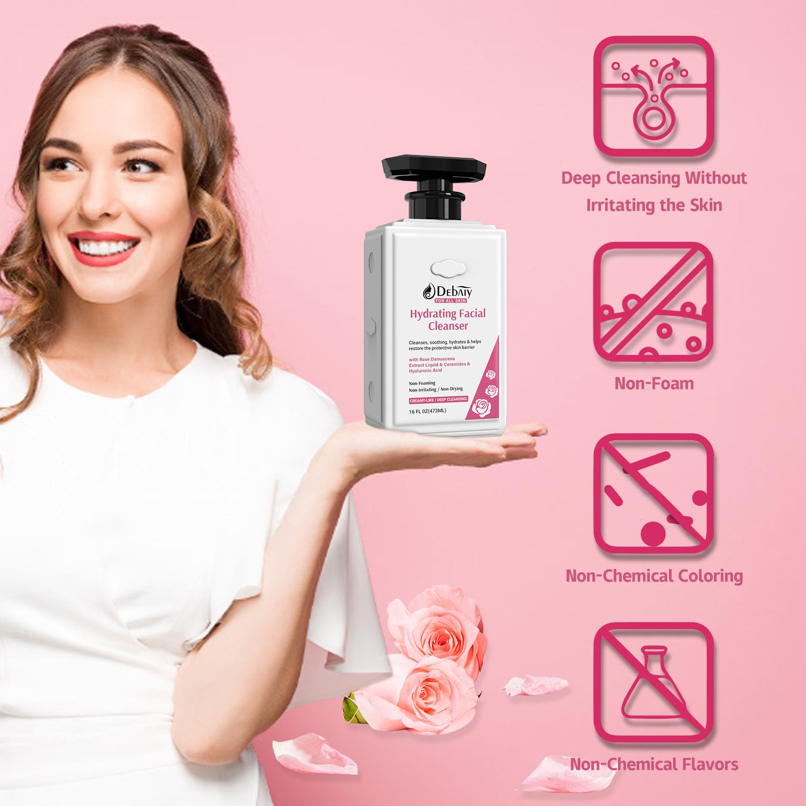 Rose Non Foaming Hydrating Facial Cleanser with Ceramide Face Wash for Family, Makeup Remover for Women Gentle Hydration & Purif