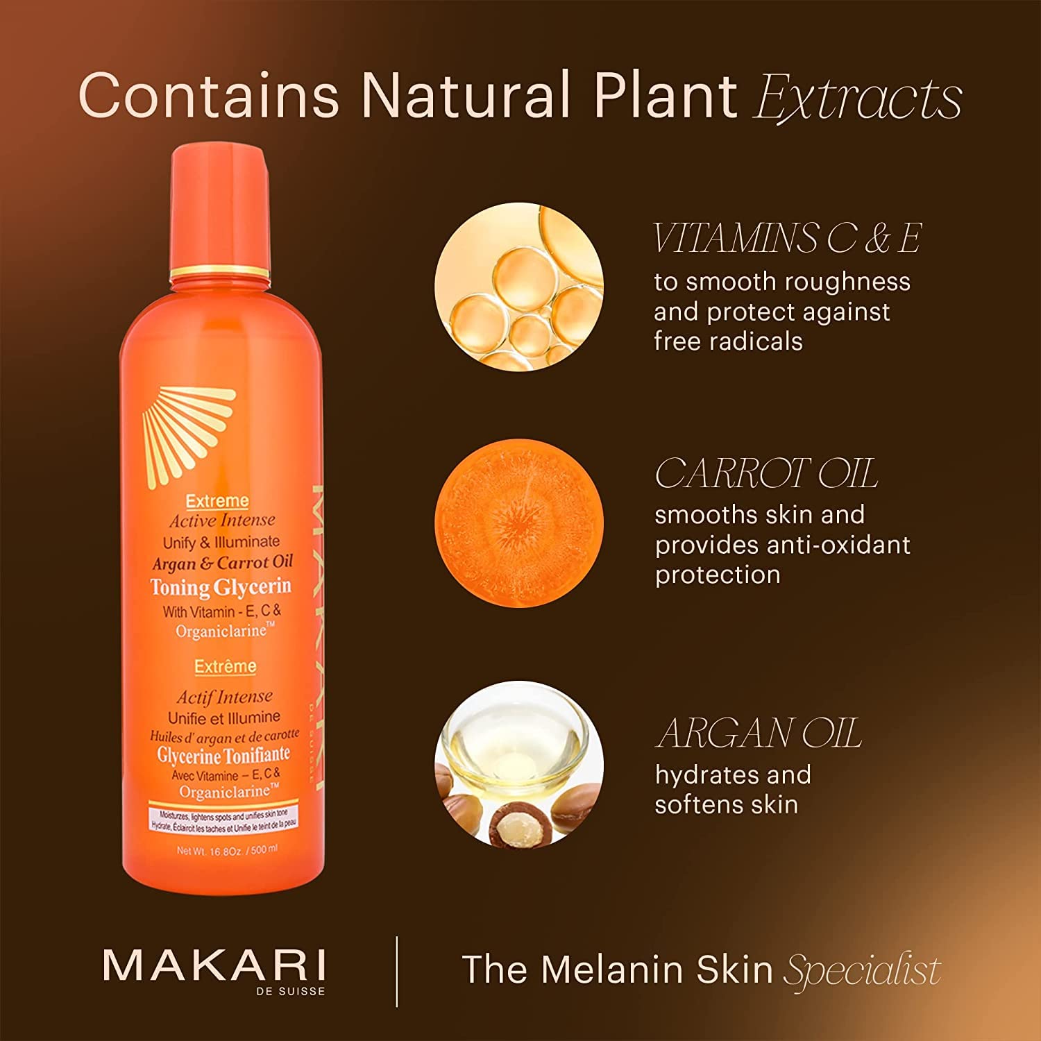 Makari Extreme Active Intense Argan And Carrot Oil Tone-Boosting Body Glycerin (16.8 Oz) | Fades Spots & Marks | Helps Brighten