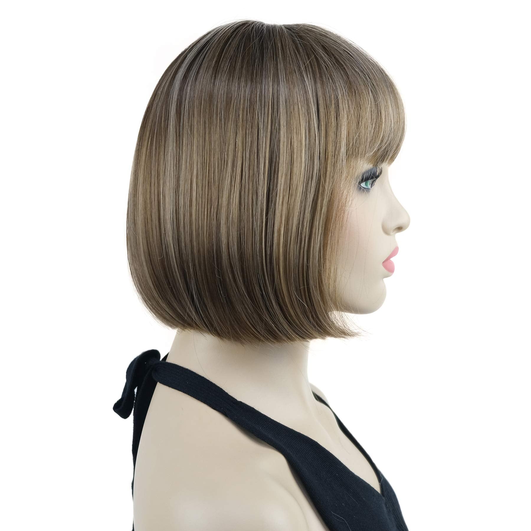 Lydell 8'' Straight Short Bob Hair Flat Bangs Cute Central Dot Skin Top Heat Resistant Synthetic Wigs (12Tt26 Light Golden Brown