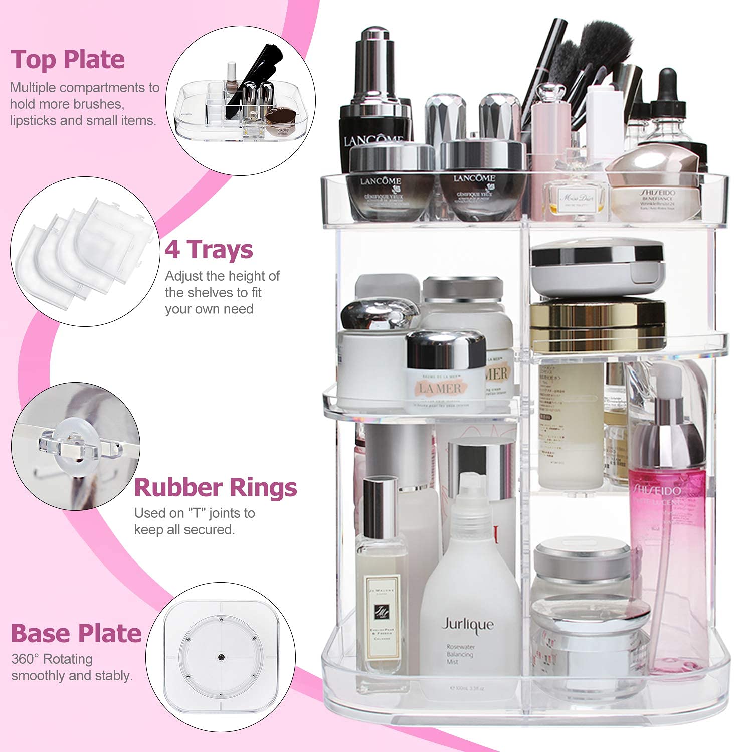 Boxalls Makeup Organizer 360 Degree Rotating Storage, Multi-Function Clear Carousel Cosmetic Organizer With 5 Layers Large Capac