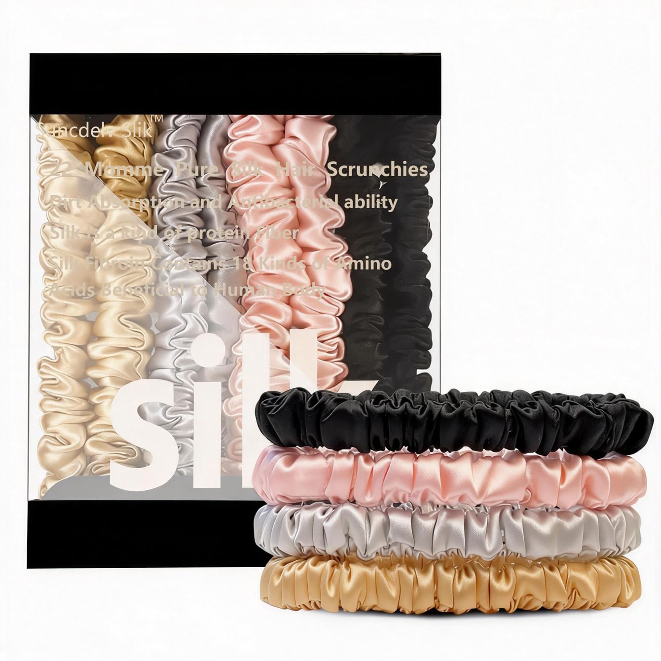 Suncdelv Silk Scrunchies for Hair, 22 Momme Anti-Crease & Breakage Silk Hair Ties for Women, 4PCS (Black, Pink, Grey, Gold)