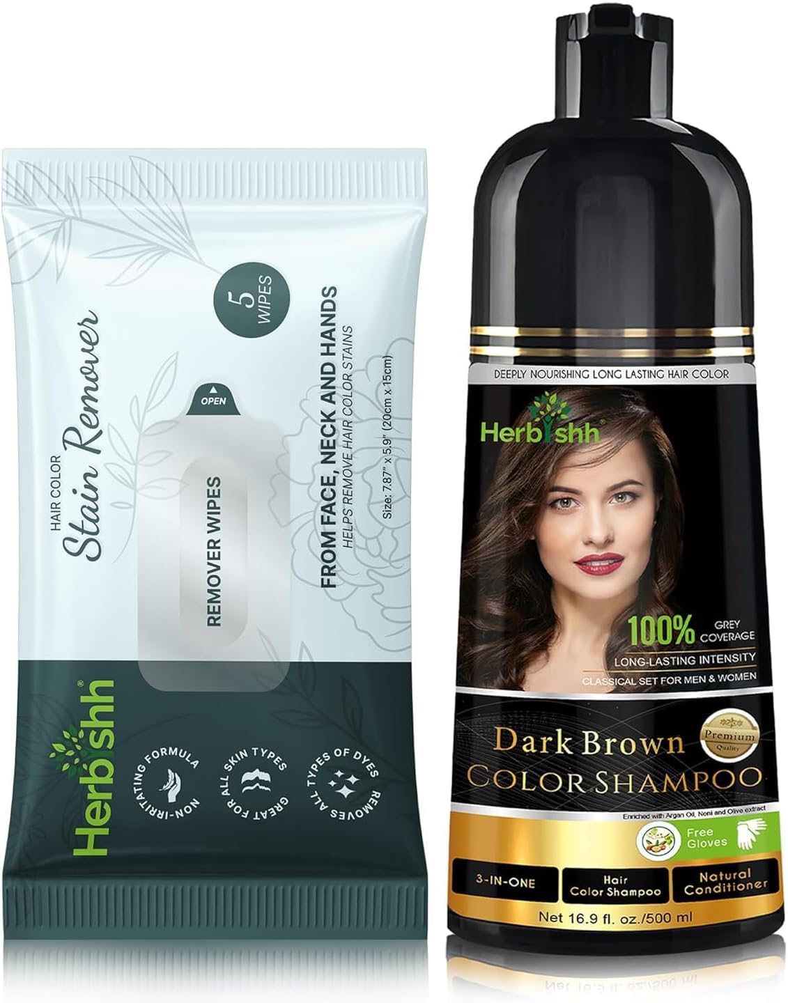 Hair Color Shampoo for Gray Hair, Dark Brown, 500ml with Color Stain Remover Wipes, Ammonia Free