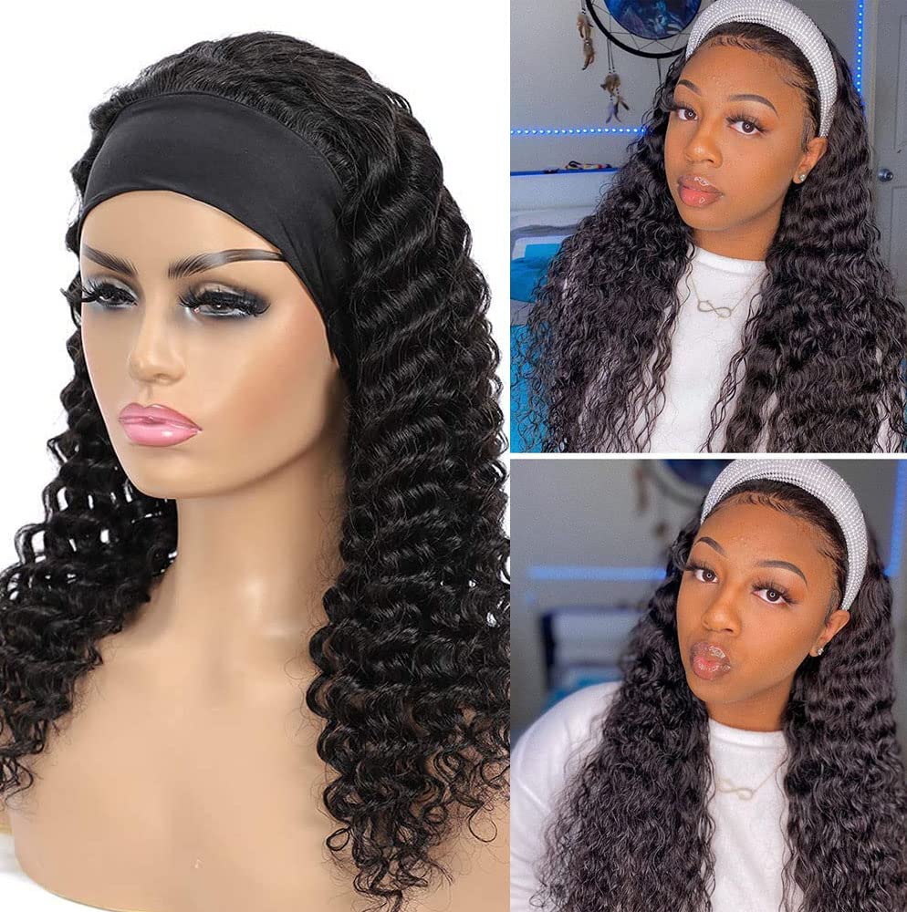 Rebasar Deep Wave Headband Wig Human Hair Curly Headband Wigs For Black Women Human Hair Glueless None Lace Front Wig 26 Inch Br