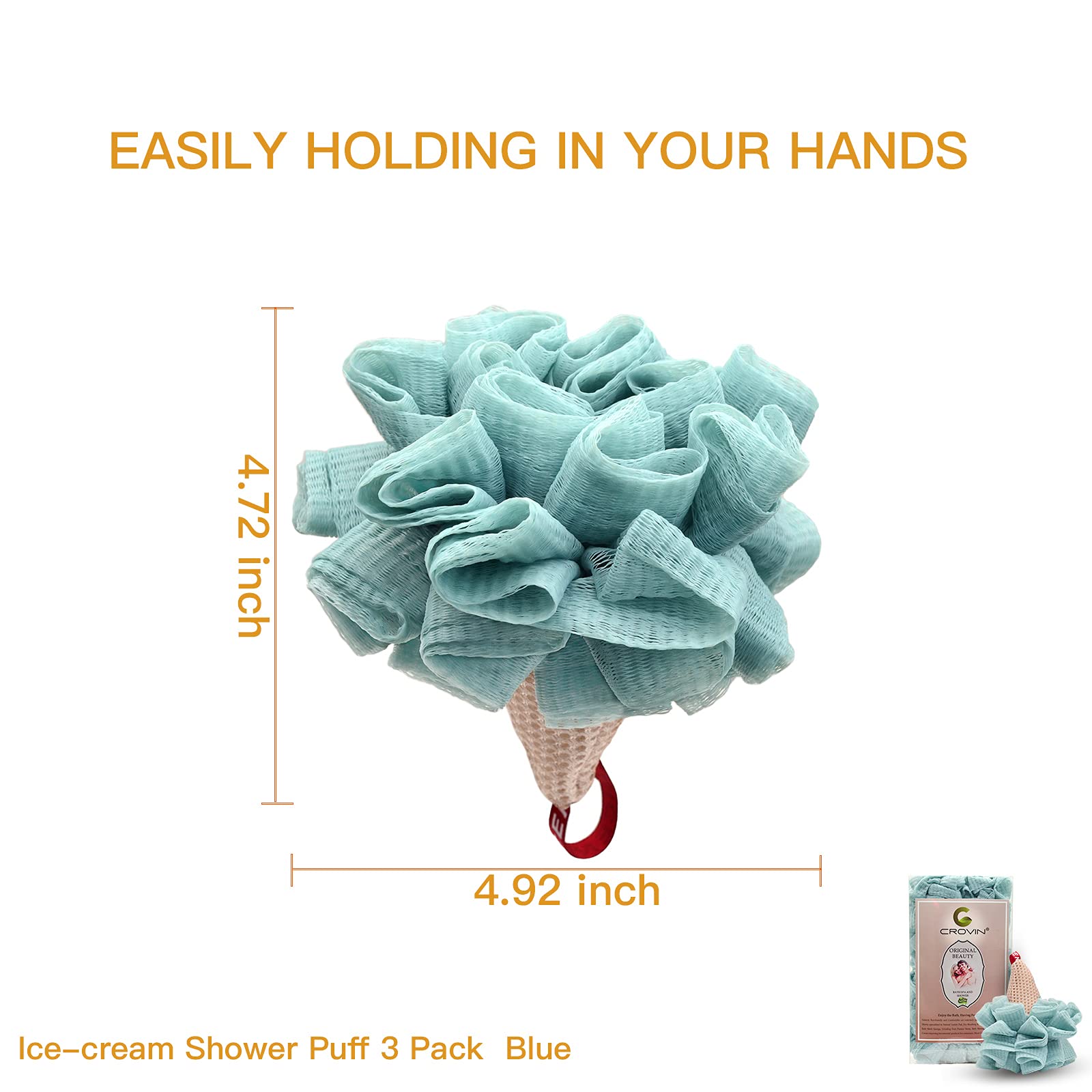 Crovin Ice Cream Shower Pouf Mesh Ball Bath Loofah Sponge, Men And Children (Blue 4 Packs) Exfoliating Body Scrubber For Body Cl