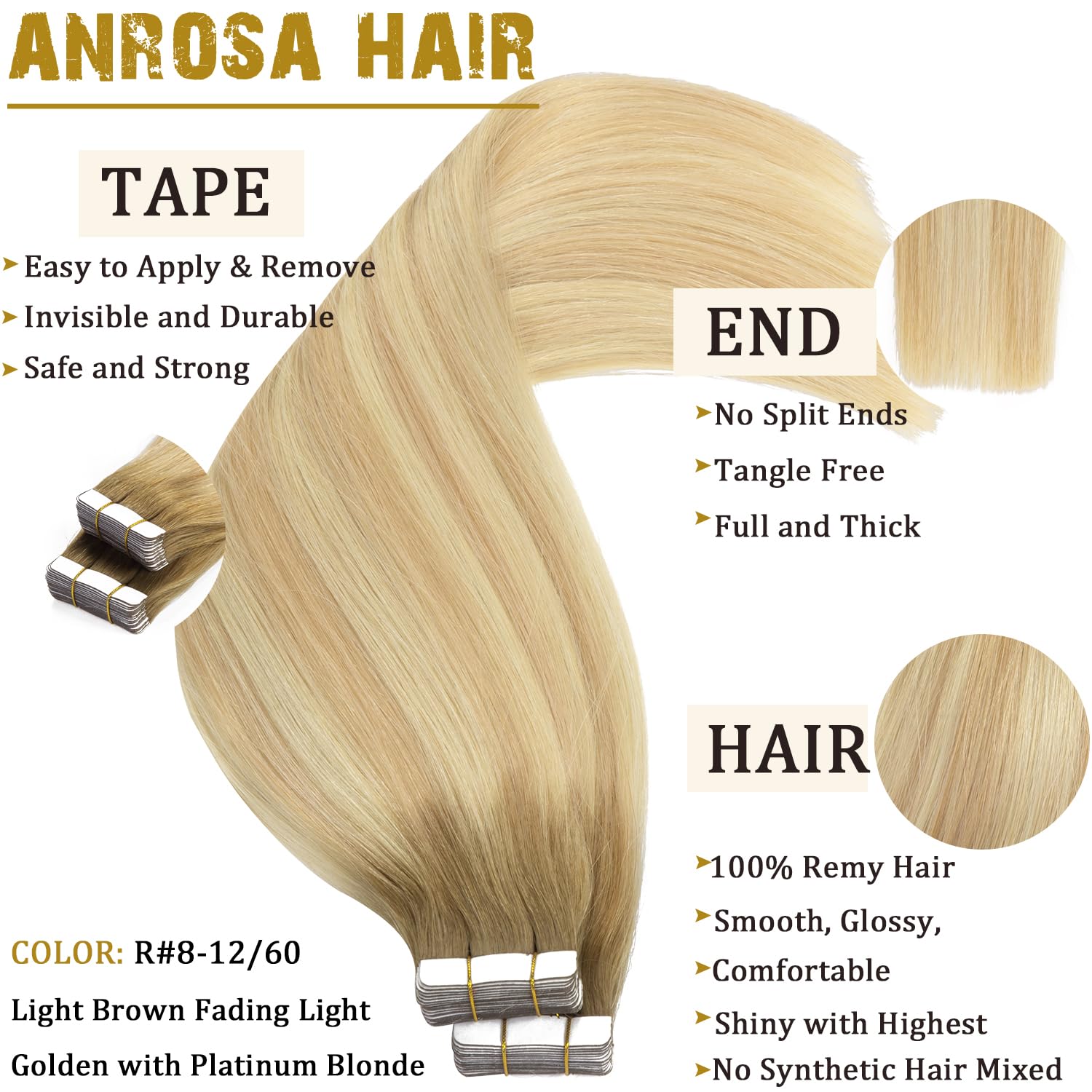 Anrosa Tape In Hair Extensions Human Hair 16 Inch Balayage Seamless Tape On Hair Skin Weft Color 8 Ash Brown Fading To 12 Dark D