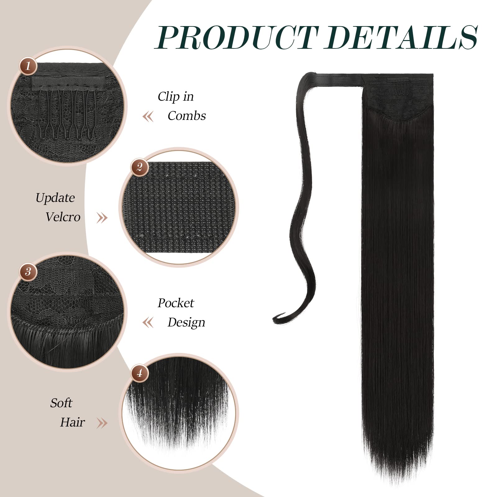 Feshfen Straight Long Ponytail Extensions 28 Inch Wrap Around Synthetic Natural Black Ponytails Hair Piece Pony Tail Hair Extens