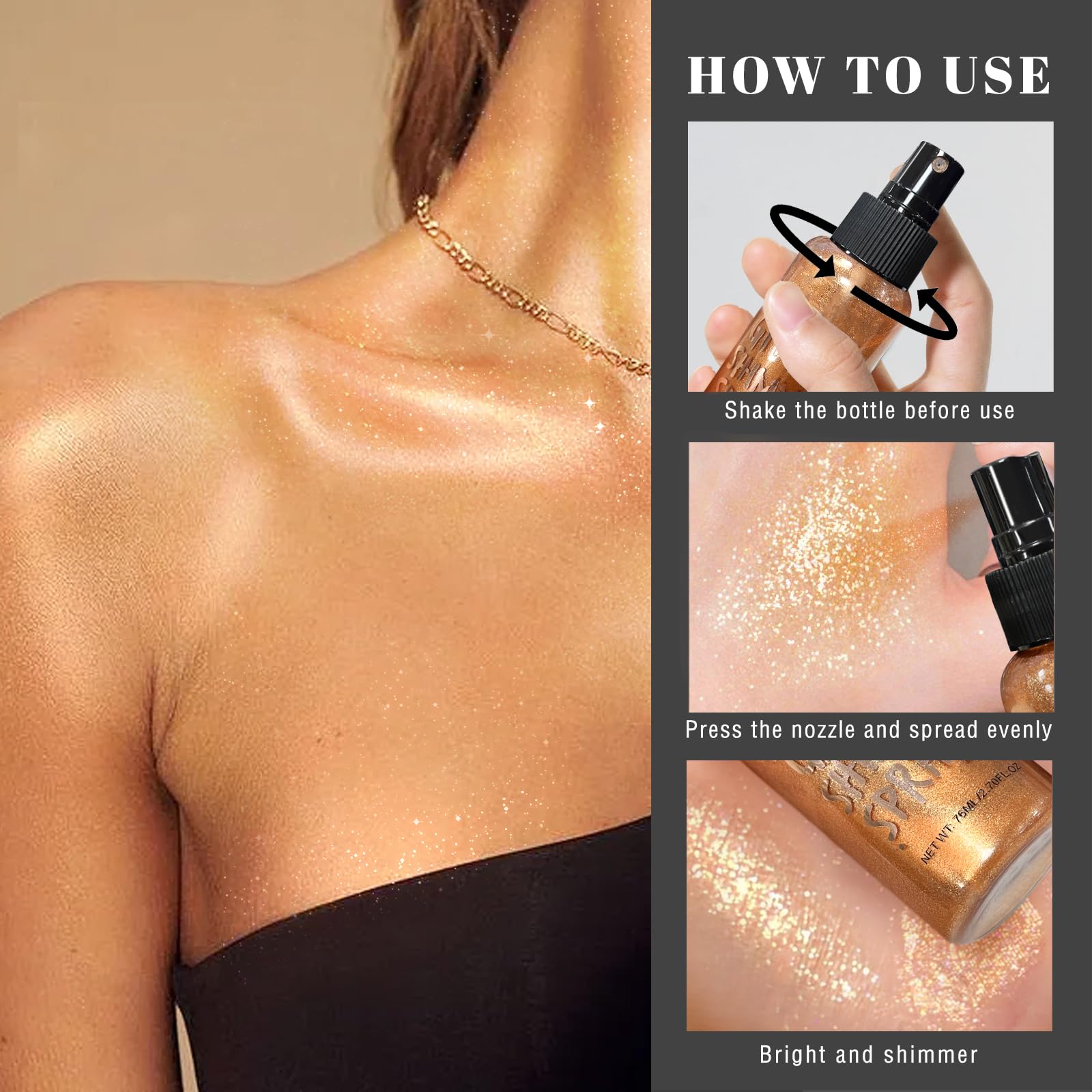 HOSAILY Body Glitter Spray, Bronze Body Shimmer Spray for Face Hair and Body, Moisturizing Luminizer Glow Illuminator Quick-Dryi