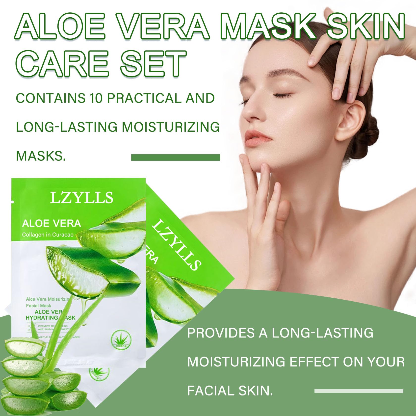 Lzylls 10Pcs Aloe Vera Face Masks Skin Care Set,Hydrating Long Lasting Soft Aloe Facial Sheet Masks,Moisturizing Face Mask Skin