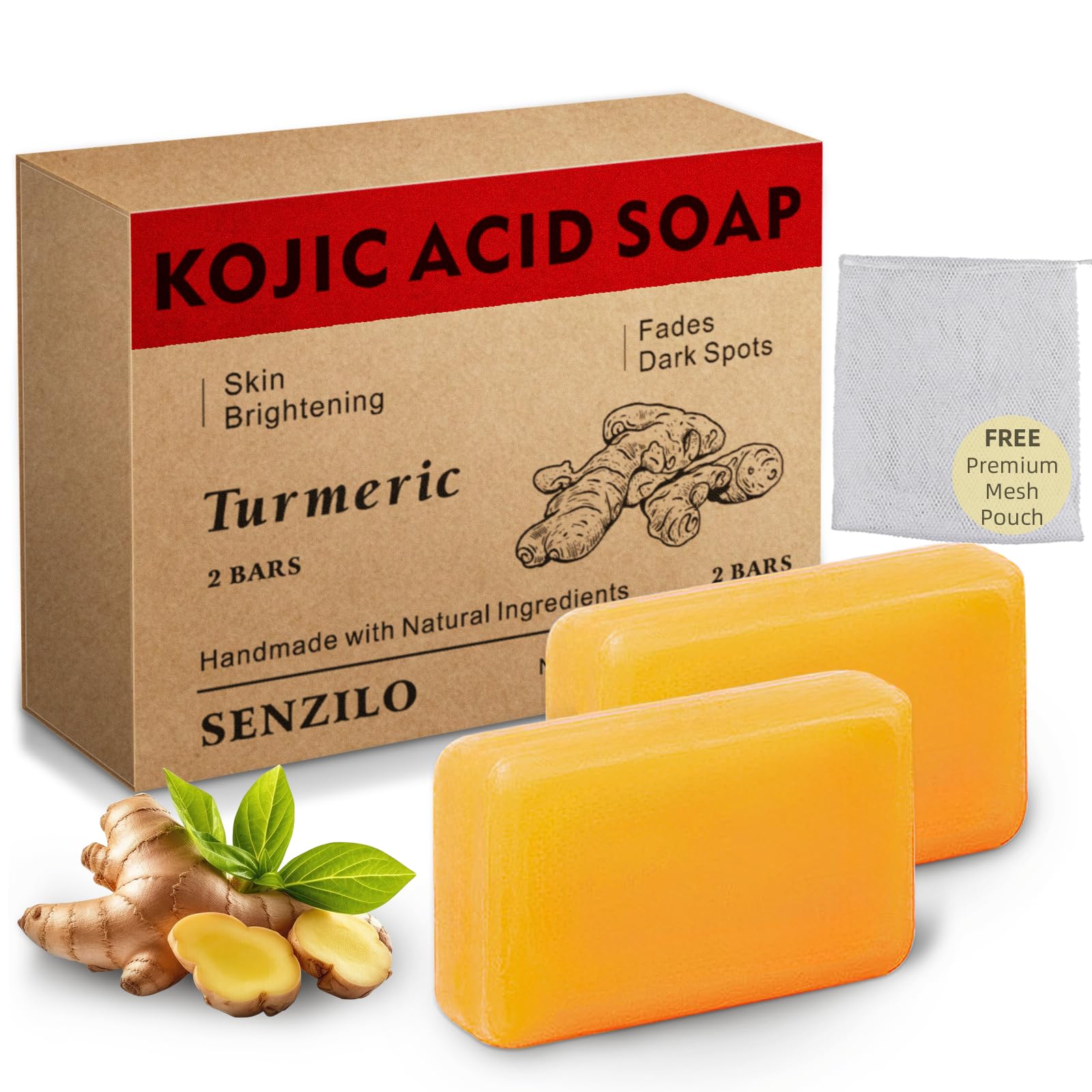 Senzilo Kojic Acid Soap, Turmeric Soap for Dark Spots with Collagen, Vitamin E, Retinol, Hyaluronic Acid, Shea Butter, Tumeric S