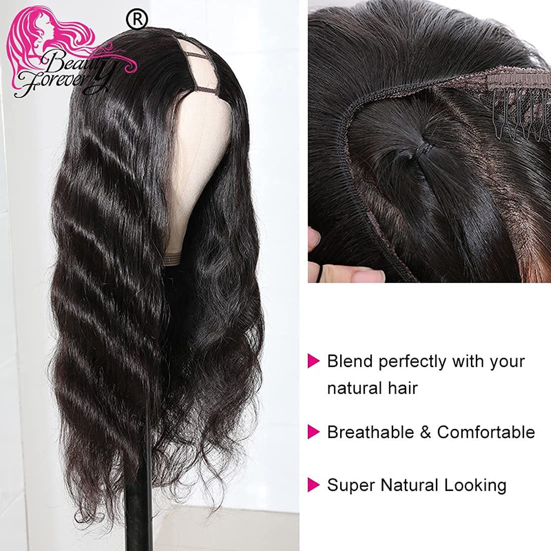Beauty Forever Body Wave U Part Human Hair Wig 150% Density 10A Grade,Brazilian Human Hair Glueless Full Head Clip In Half Wig F