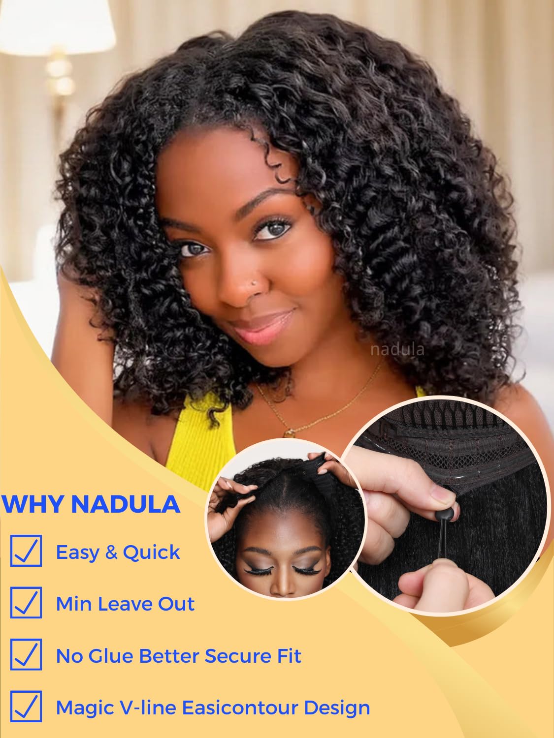 Nadula Easicontour V Part Kinky Curly Wigs Human Hair No Leave Out Clip In V-Part Wig,10A Glueless Upgrade U Part Human Hair Wig