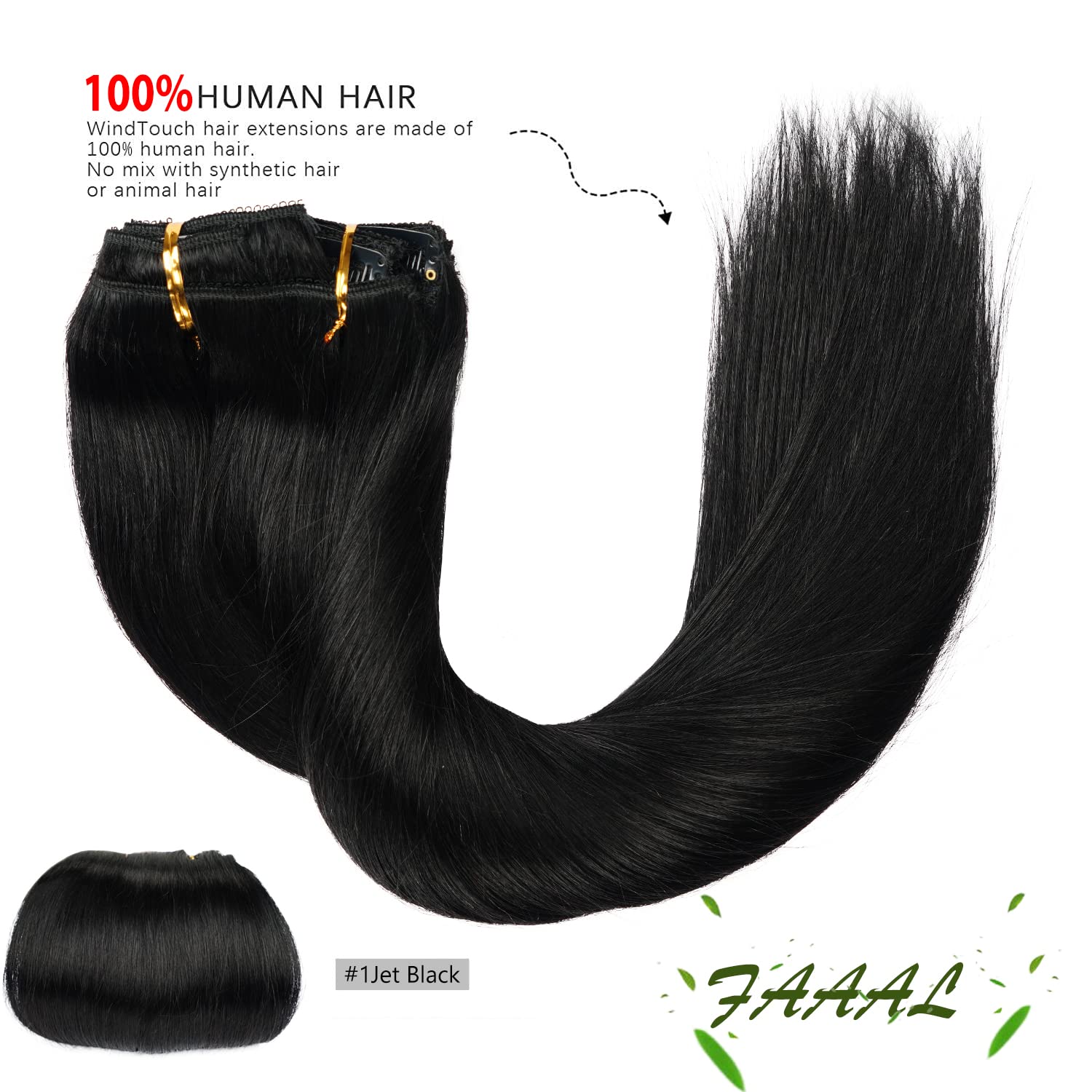 16'' Clip in Human Hair Extensions Full Head 130g 7 Pieces 16 Clips 1# Jet Black Double Weft Brazilian Real Remy Hair Extensions