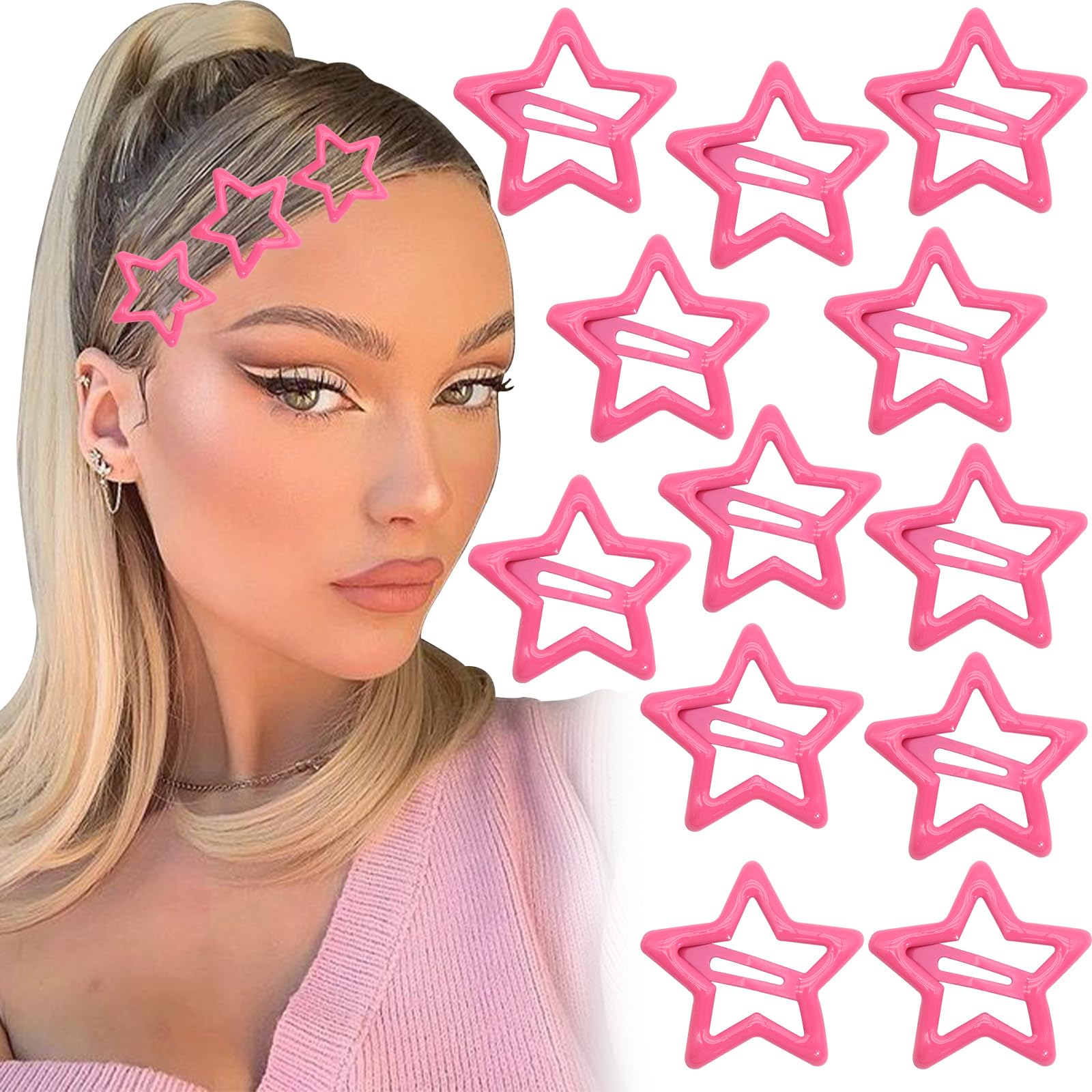 NAISKA Pink Star Non Slip Snap Hair Clips Barrettes for Girls Women Cute Hair Decoration (12PCS)
