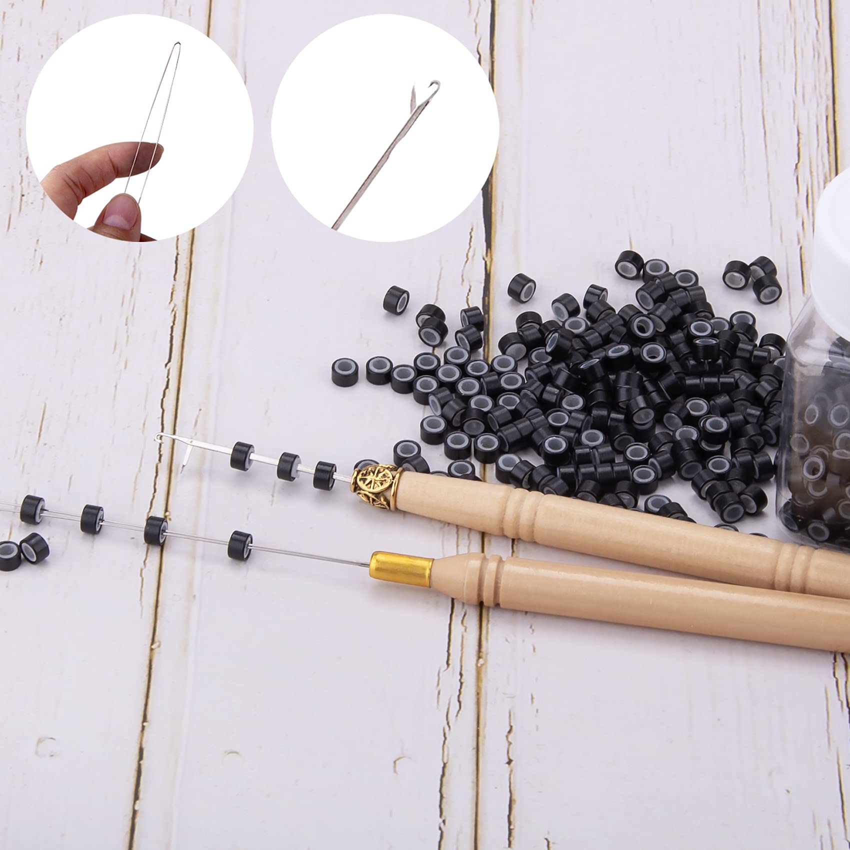 Duufin Hair Extensions Kit 500 Pcs Black Micro Ring Beads 1 Hair Extension Plier 2 Hook Needle Pulling Loop 4 Plastic Alligator