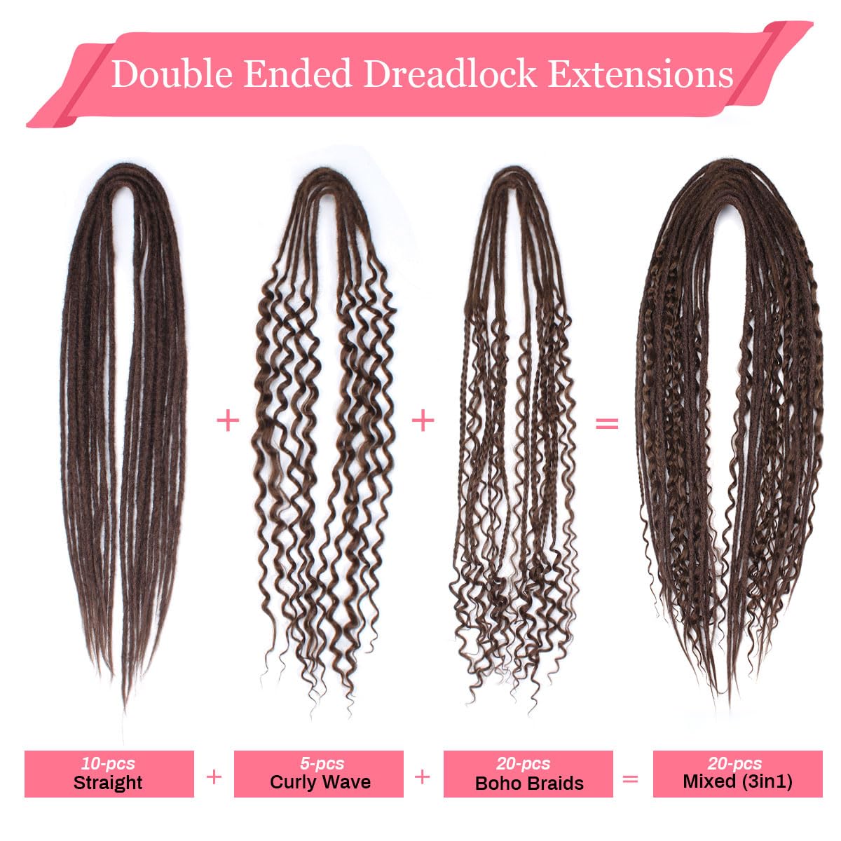 Kraler 24 Inch Mixed De Dreadlock Extensions Sets, 3 In 1 20 Strands Synthetic Double Ended Dreads Extensions, Chocolate Brown H