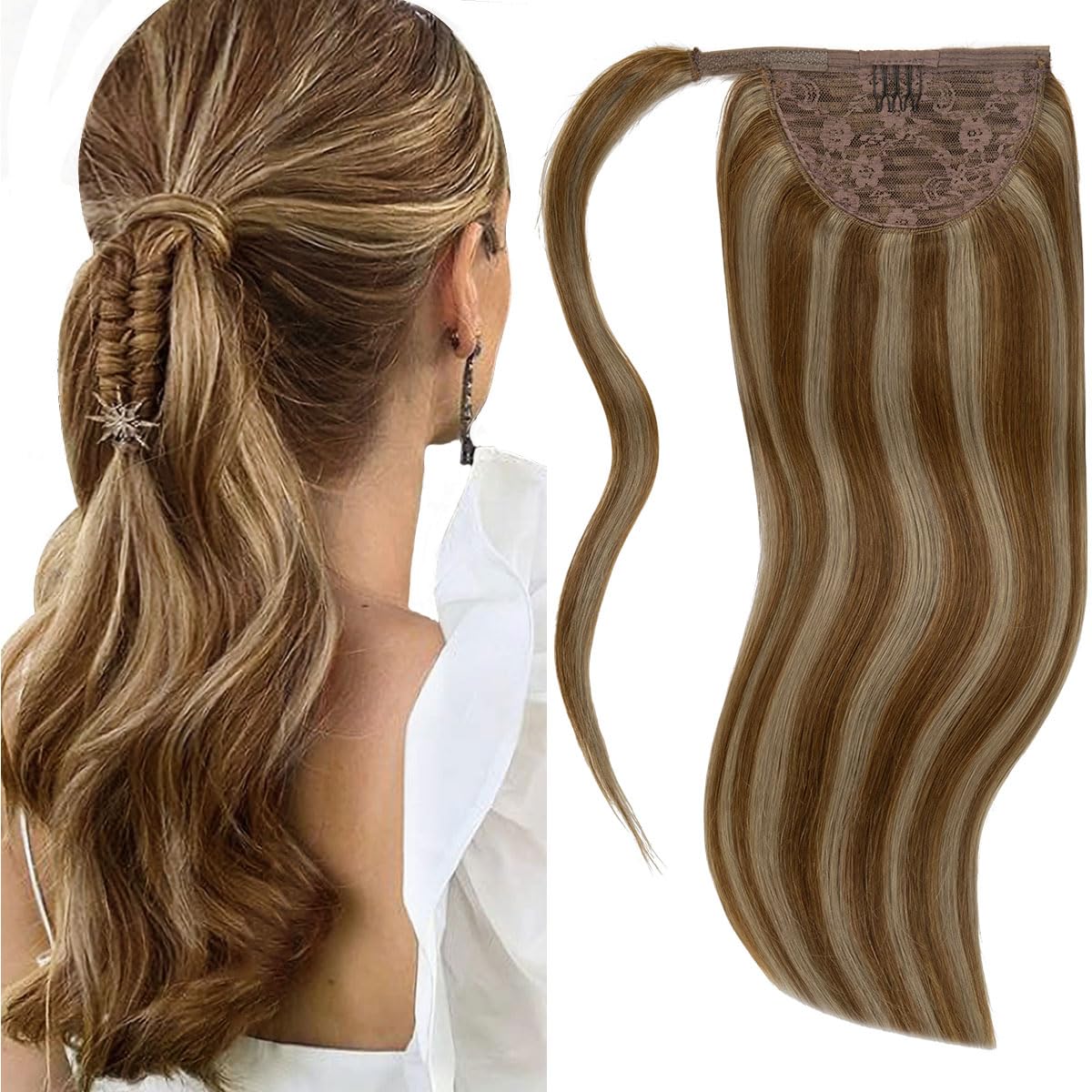 Lacer Ponytail Extension Human Hair Dark Brown with Light Brown Highlight Hair Extensions Wrap Around Ponytail for Girls Long 18