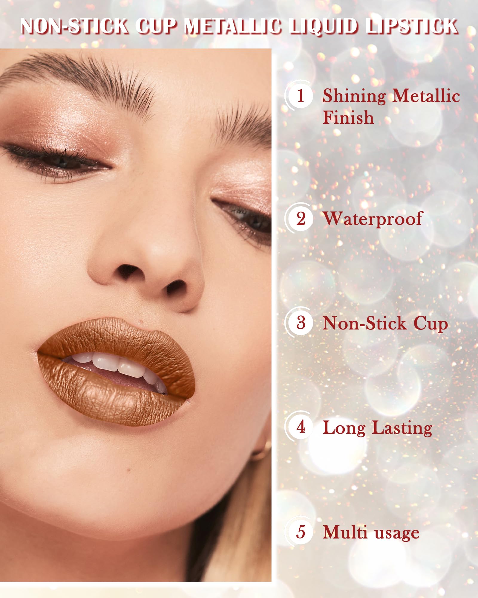 Diamond Shimmer Matte Lipstick, Pink Metallic Glitter Lip Gloss Liquid Lipstick, Longlasting High Pigment Waterproof Smudgeproof