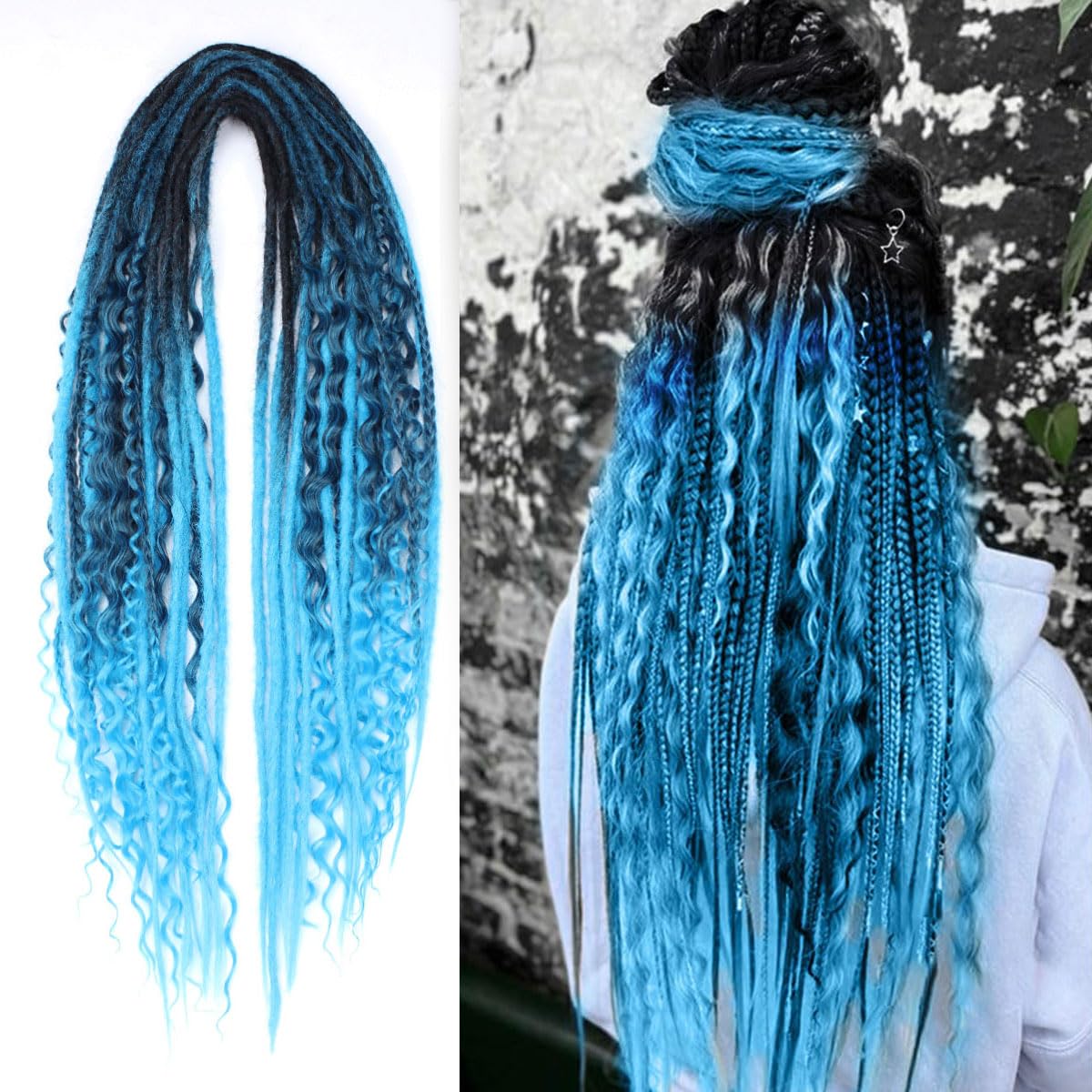 KRALER 24 Inch Mixed DE Dreadlock Extensions Sets, 3 in 1 20 Strands Synthetic Double Ended Dreads Extensions, Ombre Blue Hippie