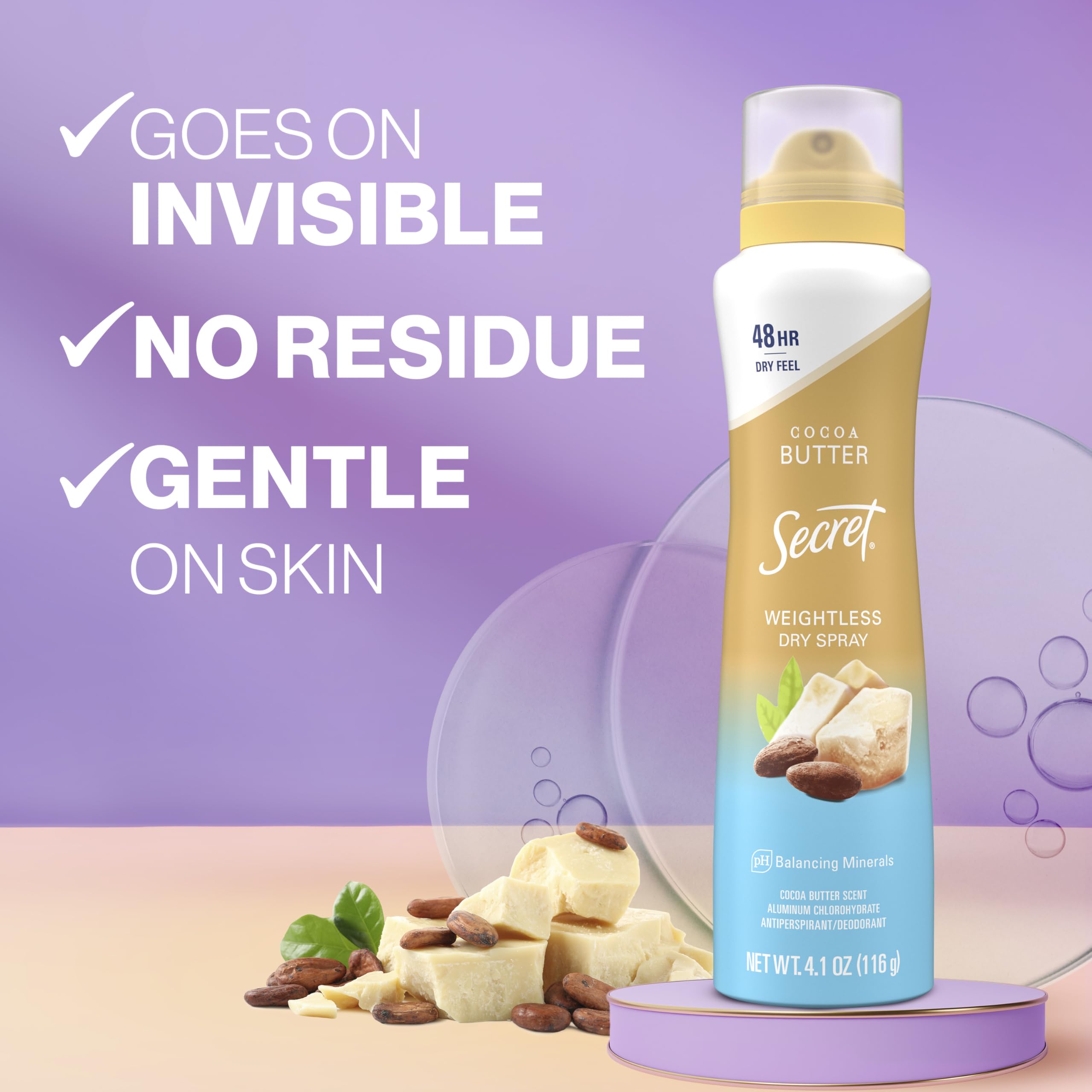 Secret Dry Spray Antiperspirant Deodorant for Women, 48hr Weightless Sweat & Odor Protection, Gentle on Skin, Cocoa Butter Scent