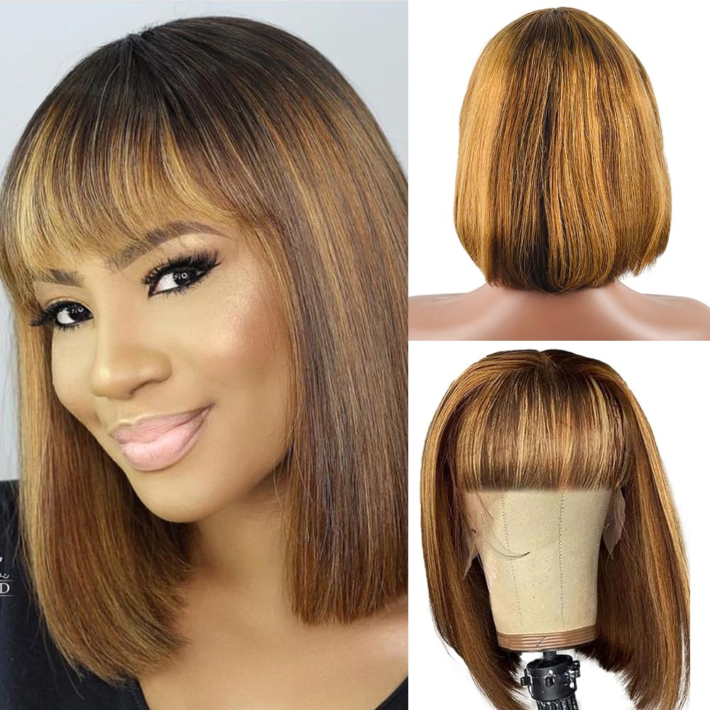 Rebasar 12 Inch Bob Wigs Human Hair With Bangs Straight Wigs Brazilian Virgin Hair Glueless Wear and Go Wig Ombre Blonde Highlig