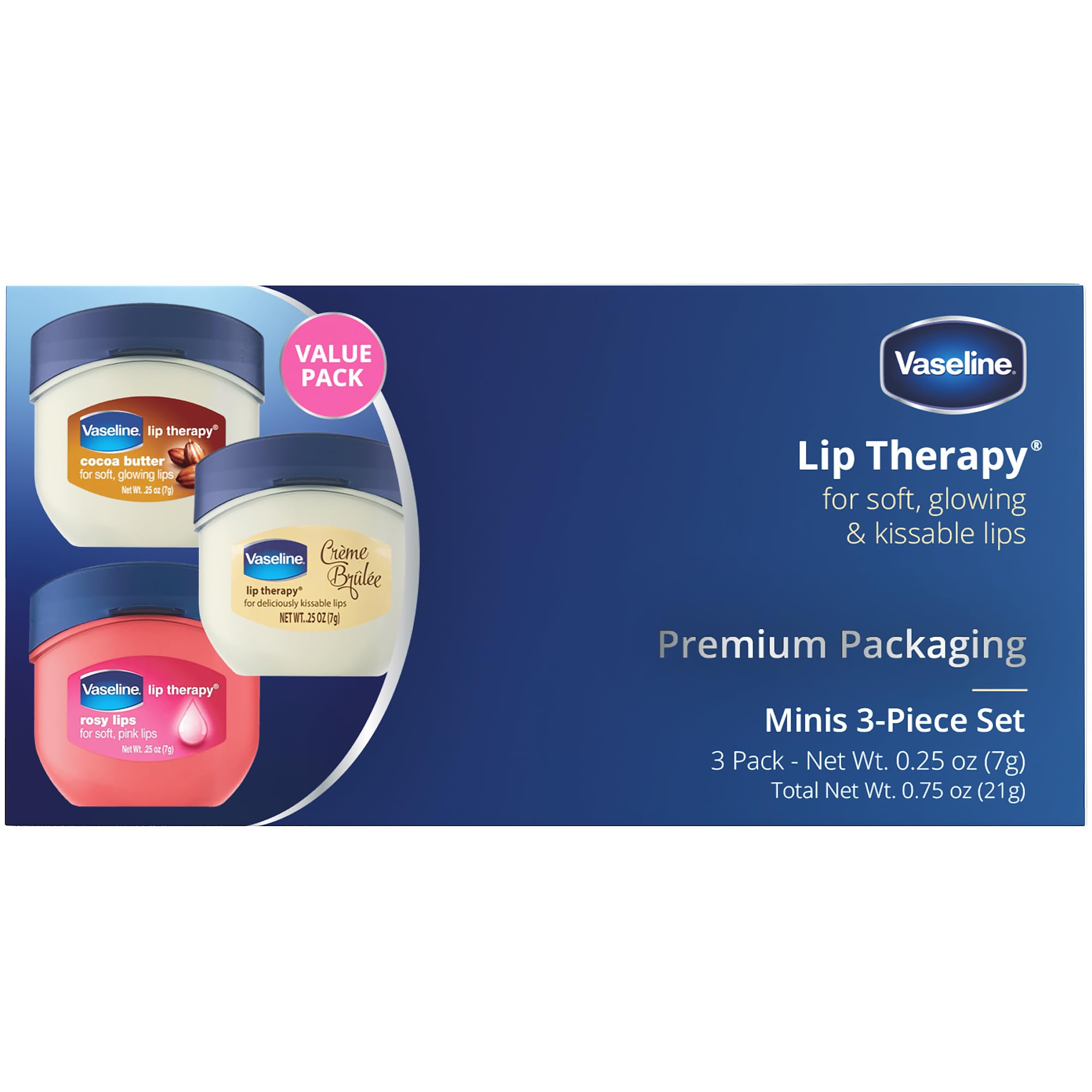 Vaseline Lip Therapy Variety 3-Pack - Crème Brûlée, Rosy Lips, Cocoa Butter - 0.25 Oz Each - Pink Mini Lip Balms for Soft, Glowing Lips