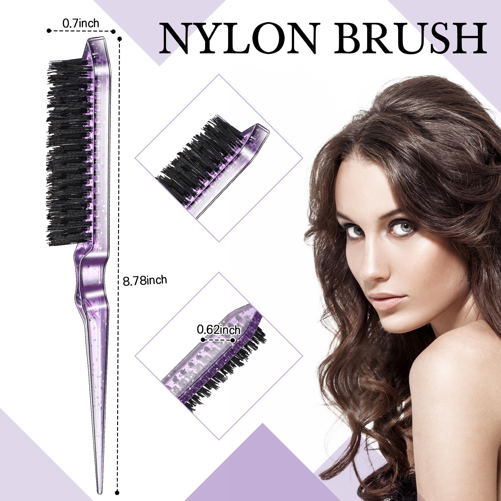 Geiserailie 3 Pcs Slick Back Hair Brush Set Bristle Brush Edge Control Teasing Comb For Women Black Hair(Clear Purple)