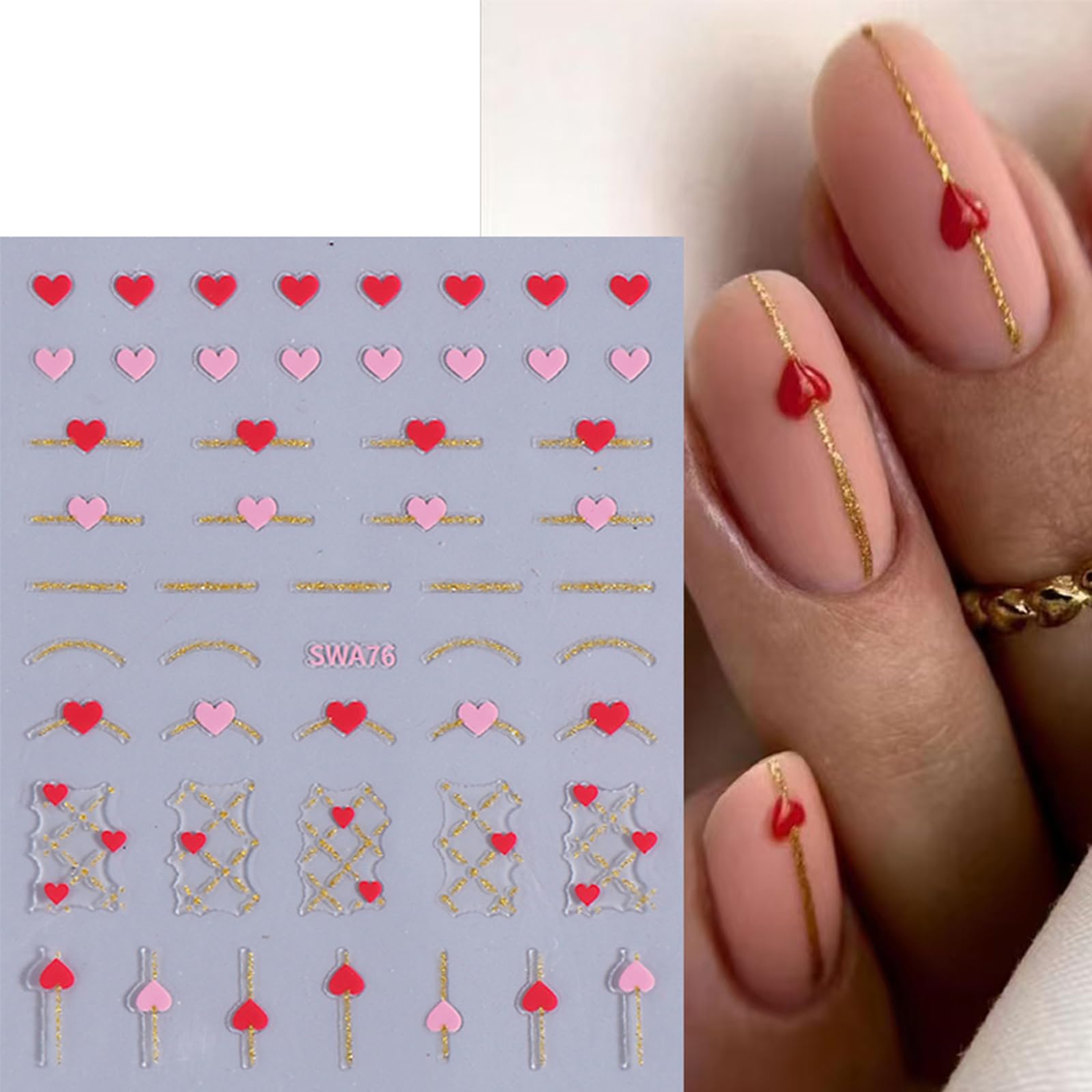 Lbpepamz 8Sheet Valentine'S Day Nail Stickers Pink Red Heart Nail Art Stickers Gold Line White Black Love Heart Nail Supplies Fo