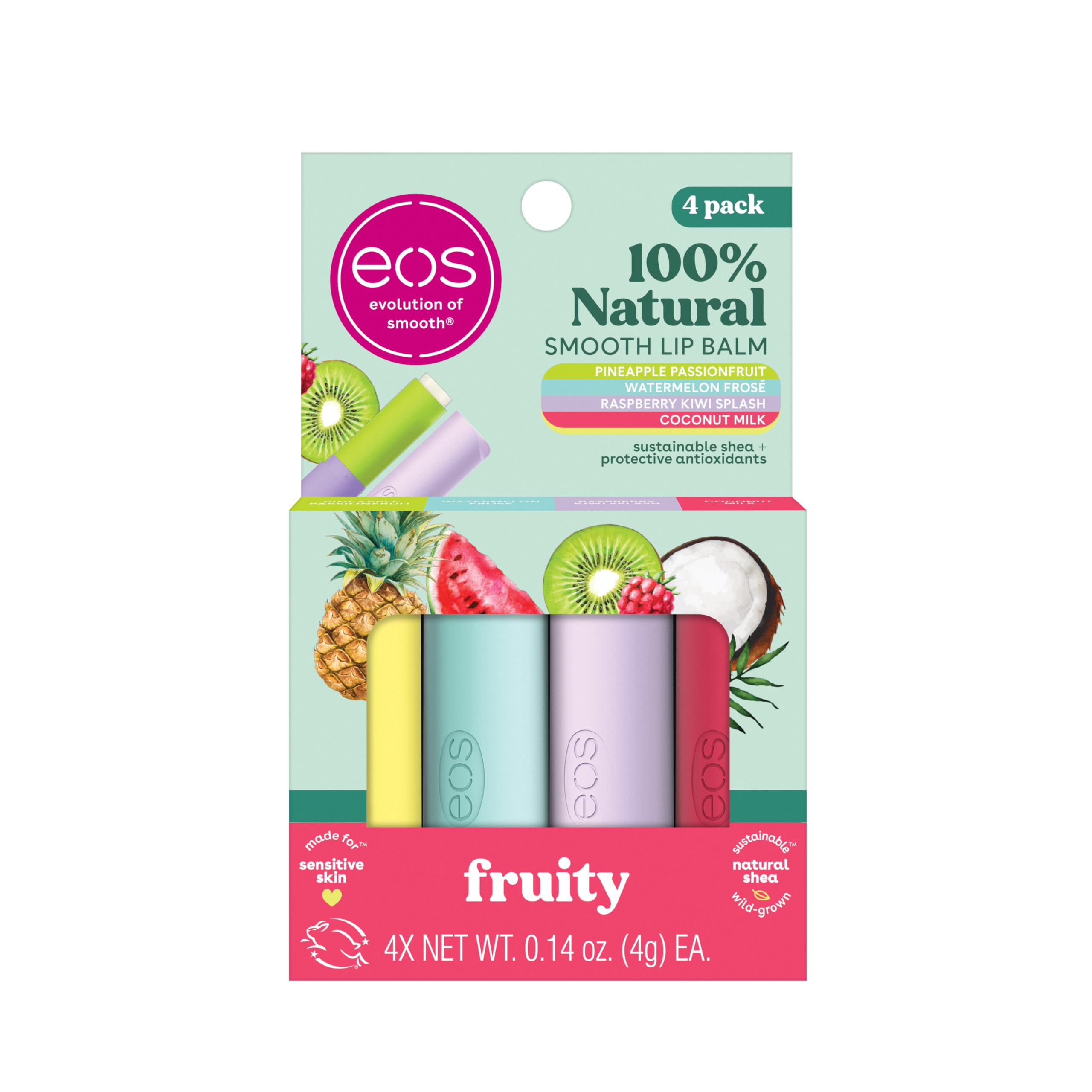 Eos 100% Natural Lip Balms- Coconut Milk, Pineapple Passionfruit, Watermelon Fros   & Raspberry Kiwi Splash, All-Day Moisture Li