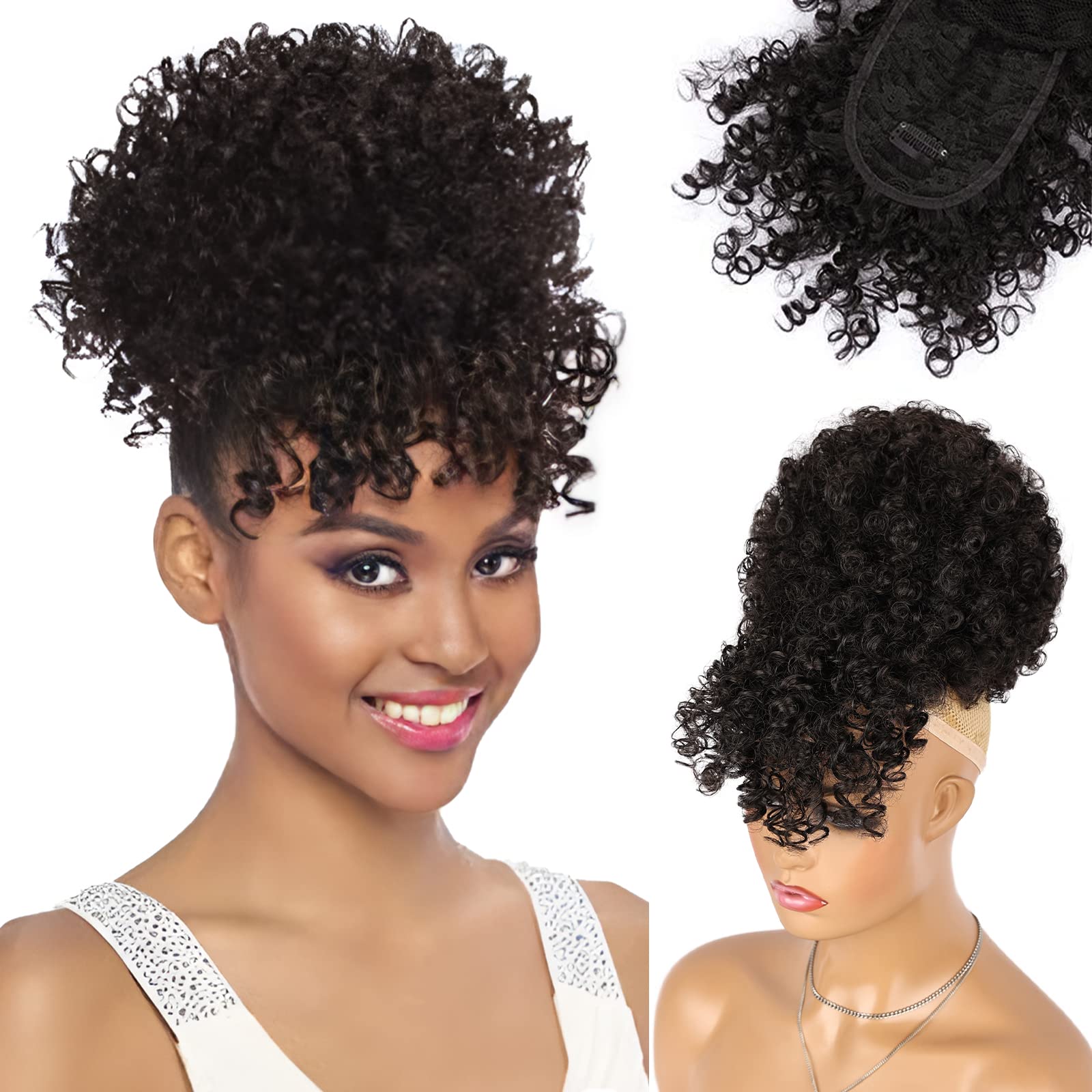 ENTRANCED STYLES Drawstring Ponytail with Bangs Afro Puff Ponytail Hair Extensions for Black Women Short Kinky Curly Puff Ponyta