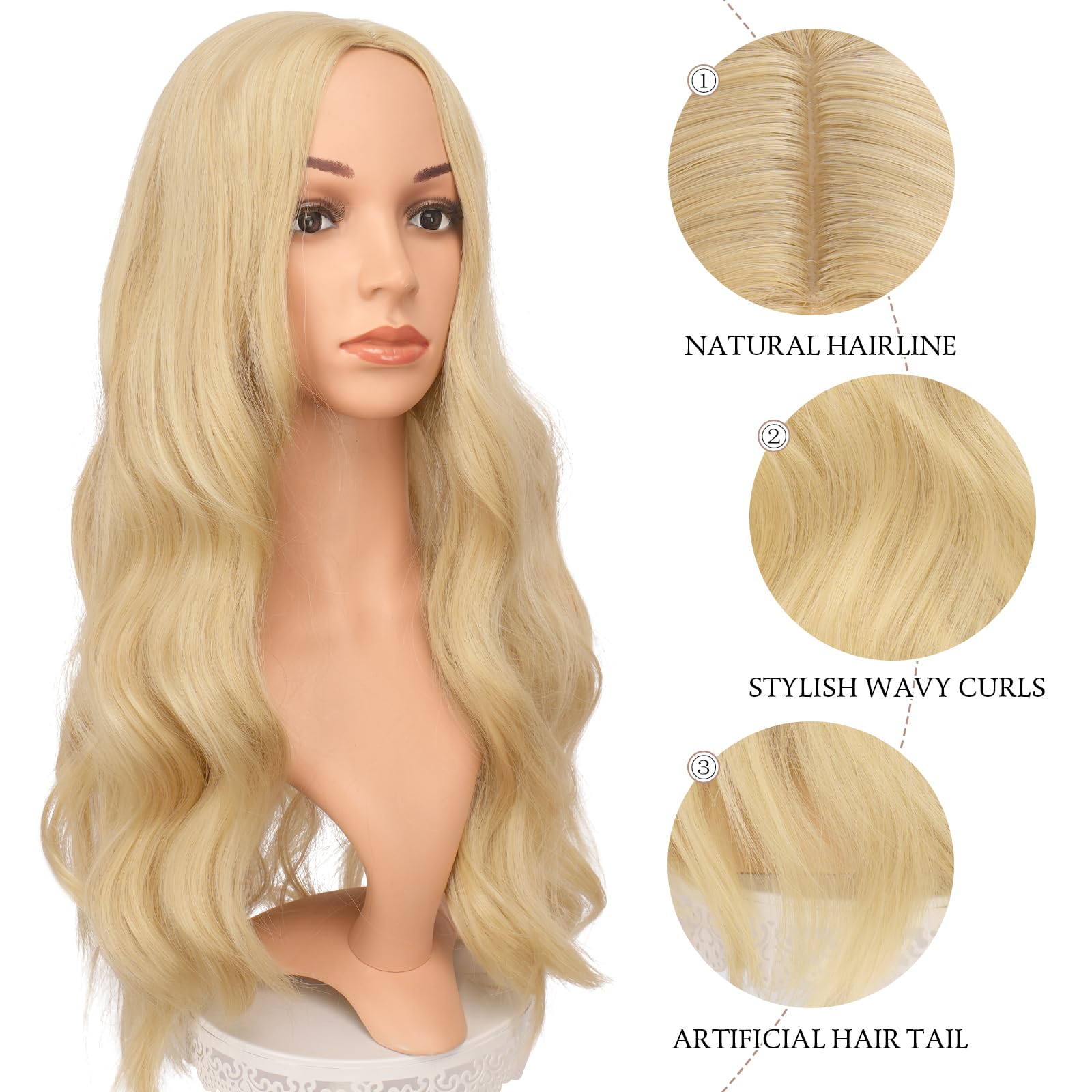 Feshfen Long Blonde Wigs For Women 22 Inch Blonde Long Wavy Full Wig Middle Parting Wigs Natural Looking Synthetic Wig For Daily