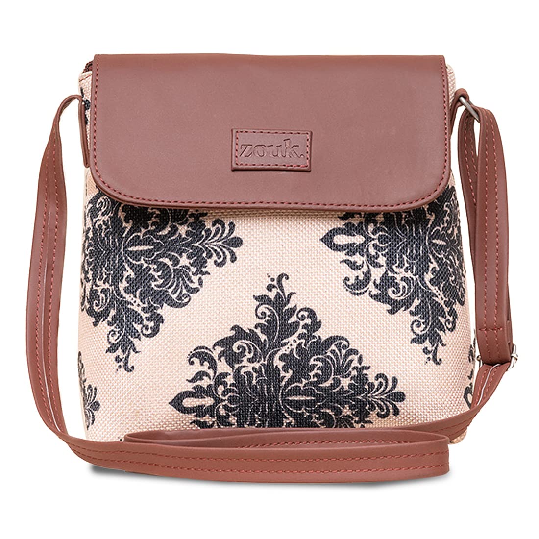 ZOUK Mughal Motif Printed Womens Hand Crafted Vegan Leather Cream Flap Sling Bag
