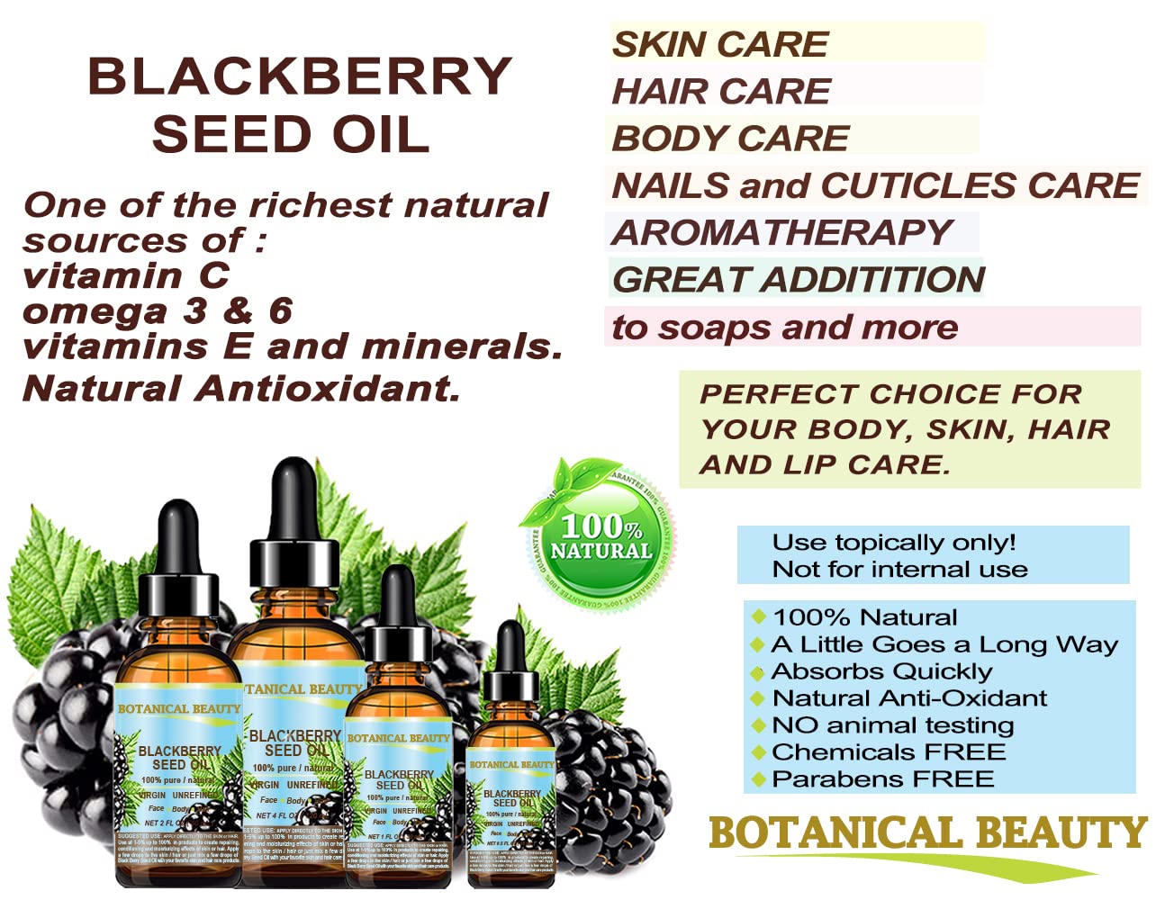 Botanical Beauty Blackberry Seed Oil 100% Pure Natural Virgin Unrefined. Cold Pressed Undiluted Carrier Oil. 0.5 Fl.Oz -15 Ml. F