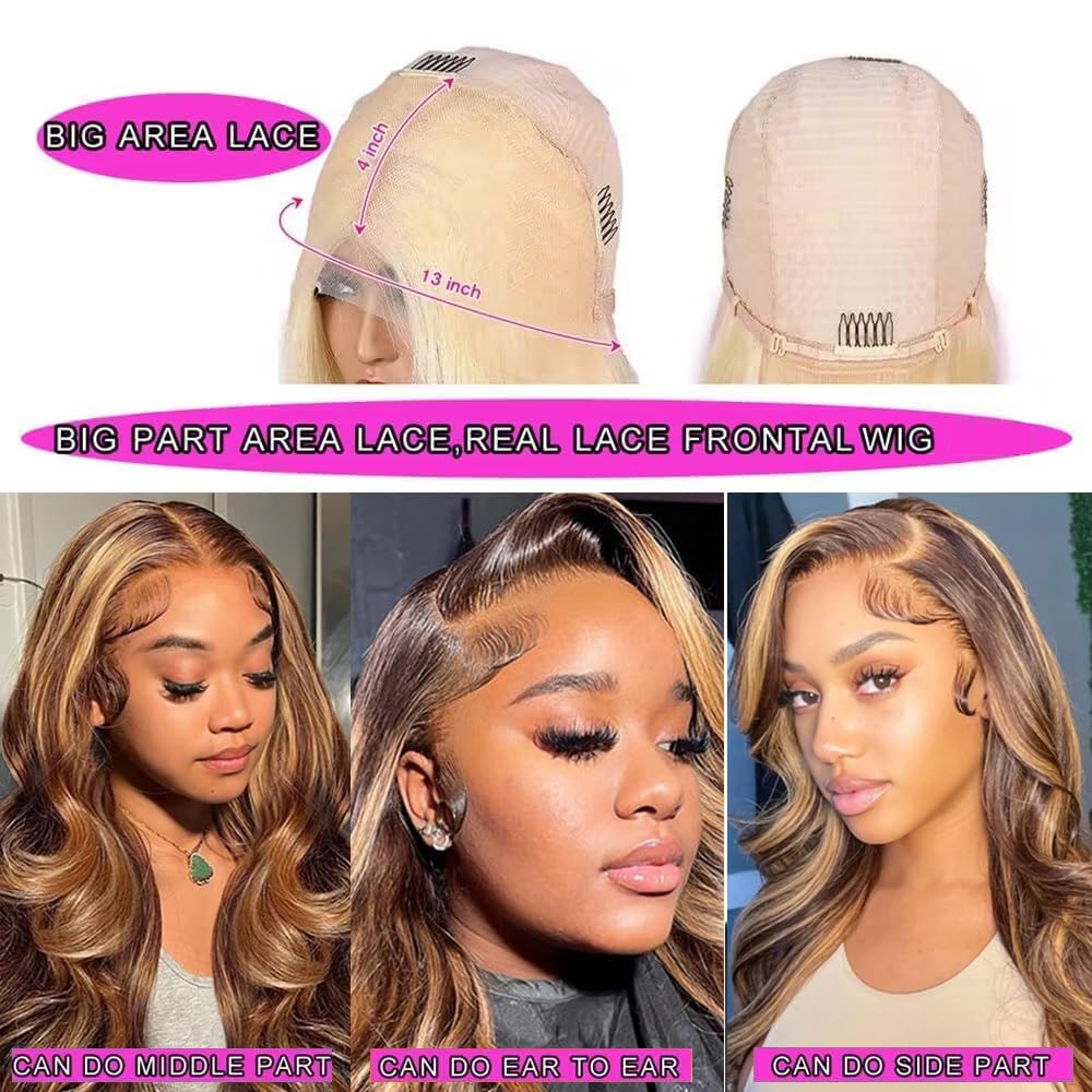 34 Inch Ombre Highlight Lace Front Wigs Human Hair Body Wave 13X4 4/27 Ombre Honey Blonde Wig Human Hair Wear And Go Glueless Hi