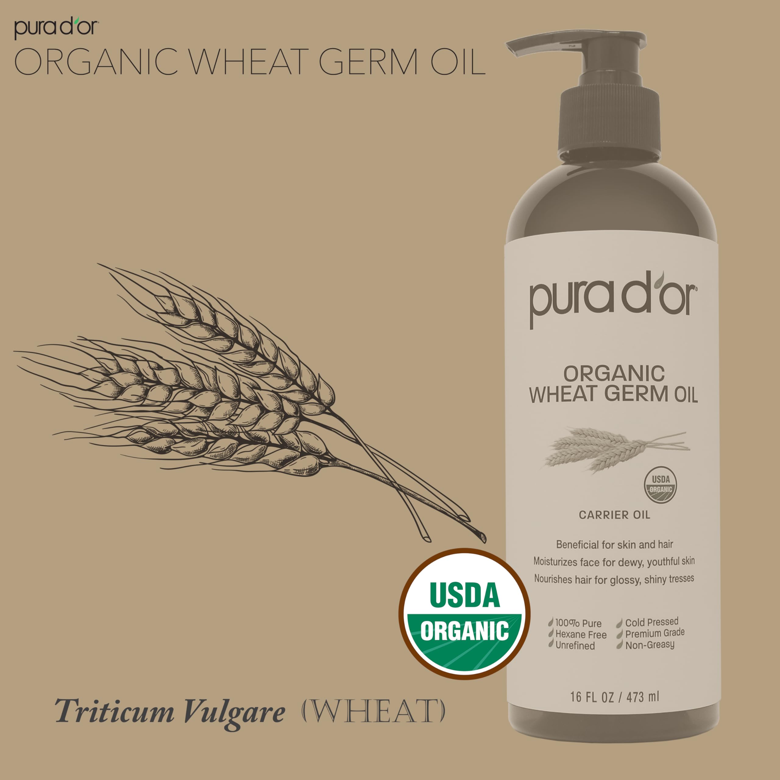 Pura D'Or Organic Wheat Germ Oil (16 Oz X3 = 48 Oz) 100% Pure & Natural Usda Certified Cold Pressed Carrier Oil - Vitamin E Rich