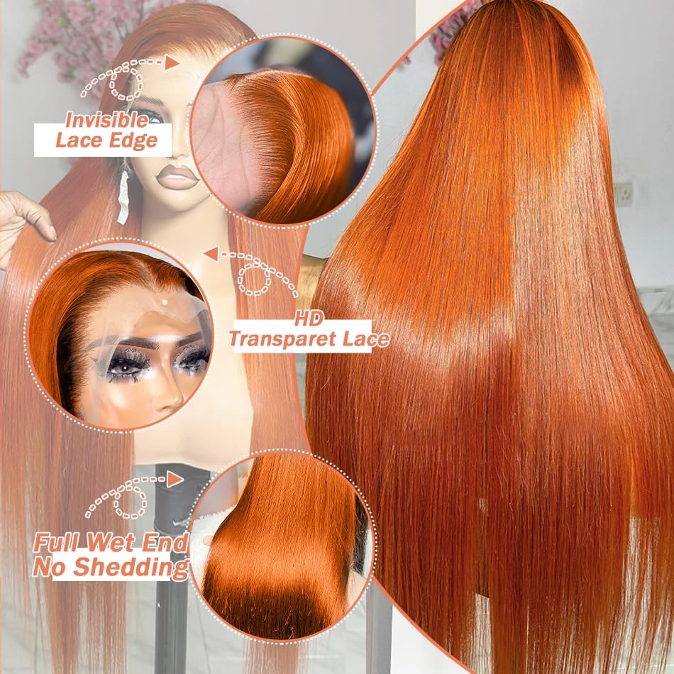 Ginger Lace Front Wigs Human Hair 32Inch 180% Density 13X4 Full Frontal Hd Transparent Lace Straight Lace Front Wig Human Hair G