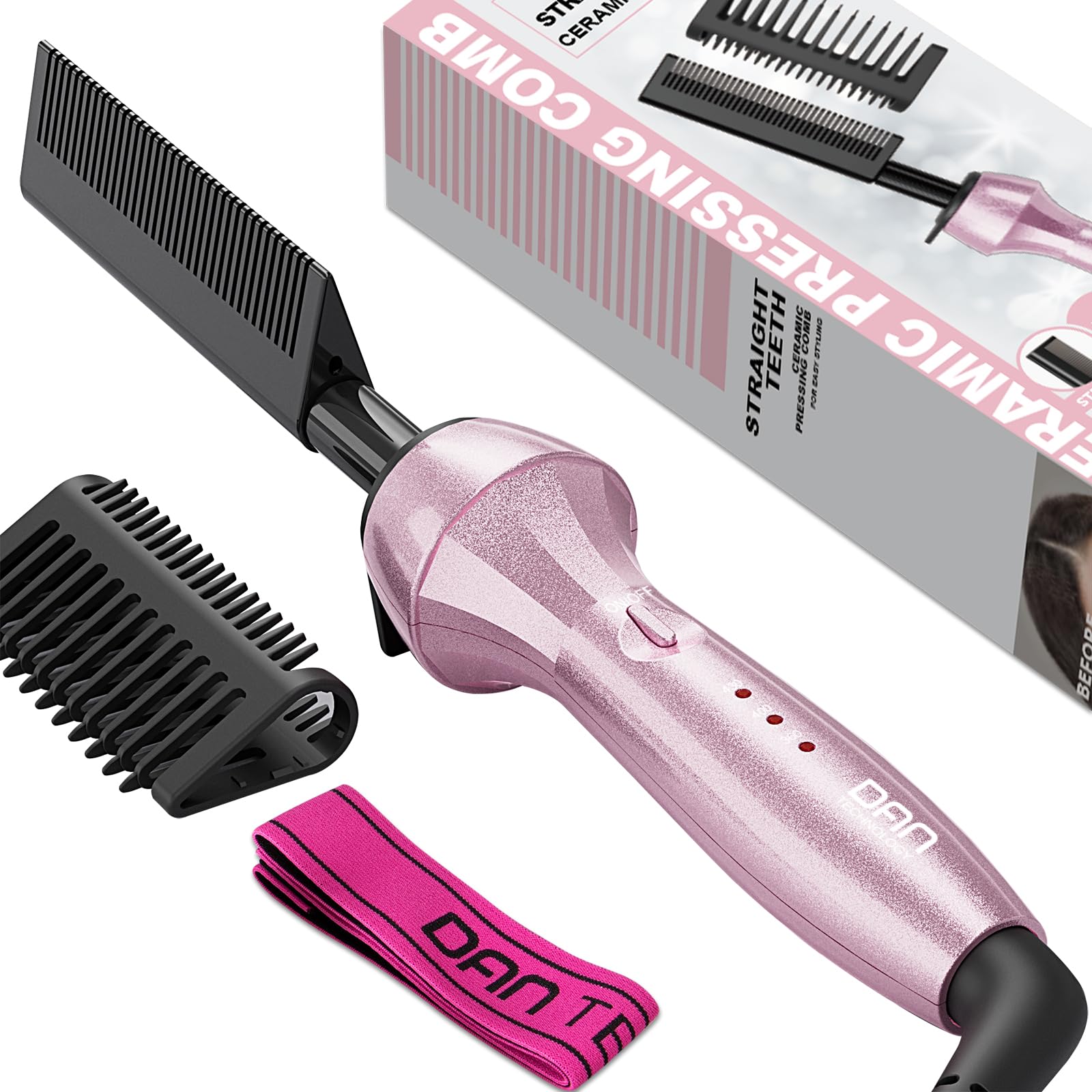 DAN Technology 500 High Heat hot Comb Hair Straightener, Pink, Adjustable Temperature, Dual Voltage, for Wigs, Professional Pres