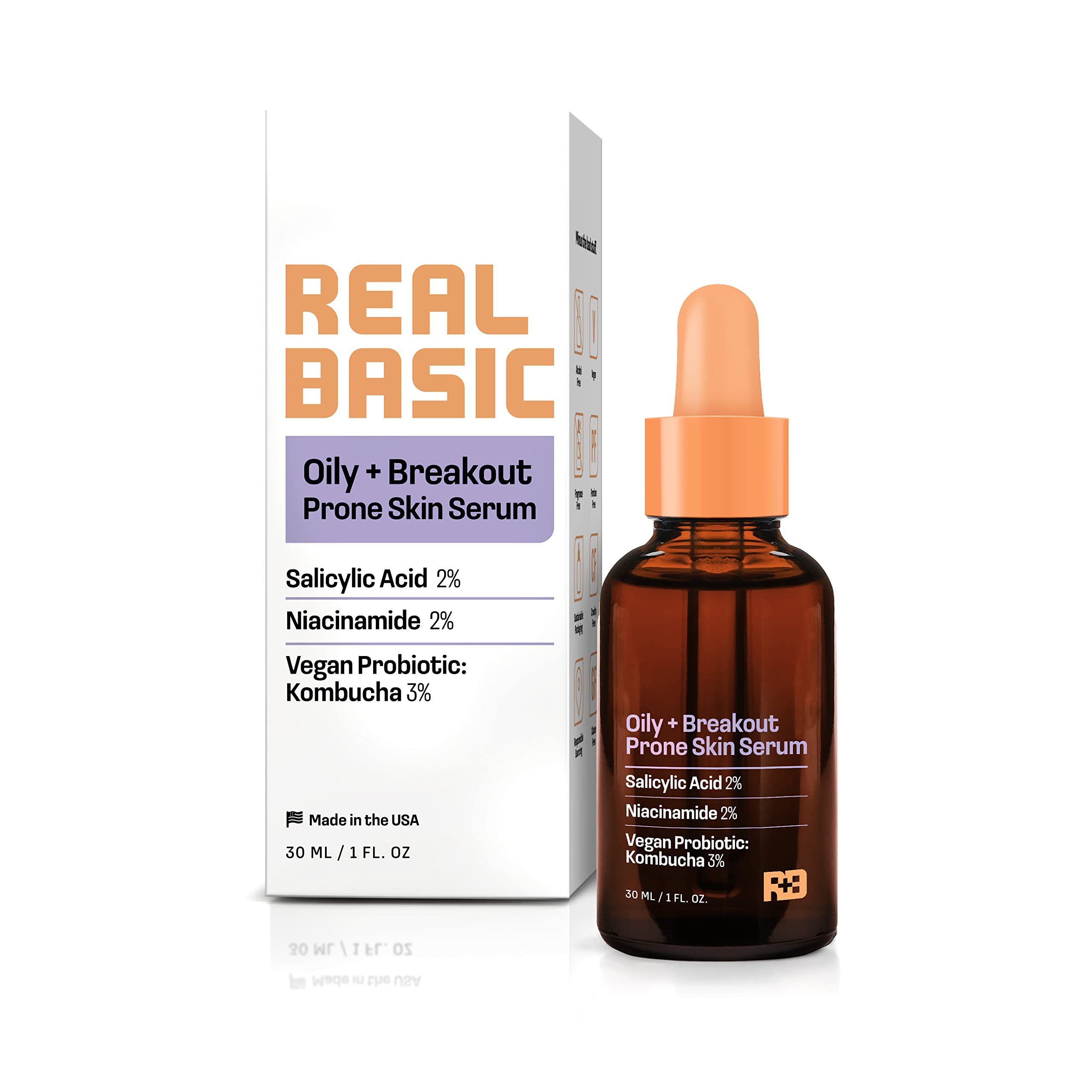 Real Basic Skin Serum for Oily Skin and Breakouts with Salicyclic Acid, Niacinamide & Vegan Probiotic Kombucha 1 oz. - Salicylic